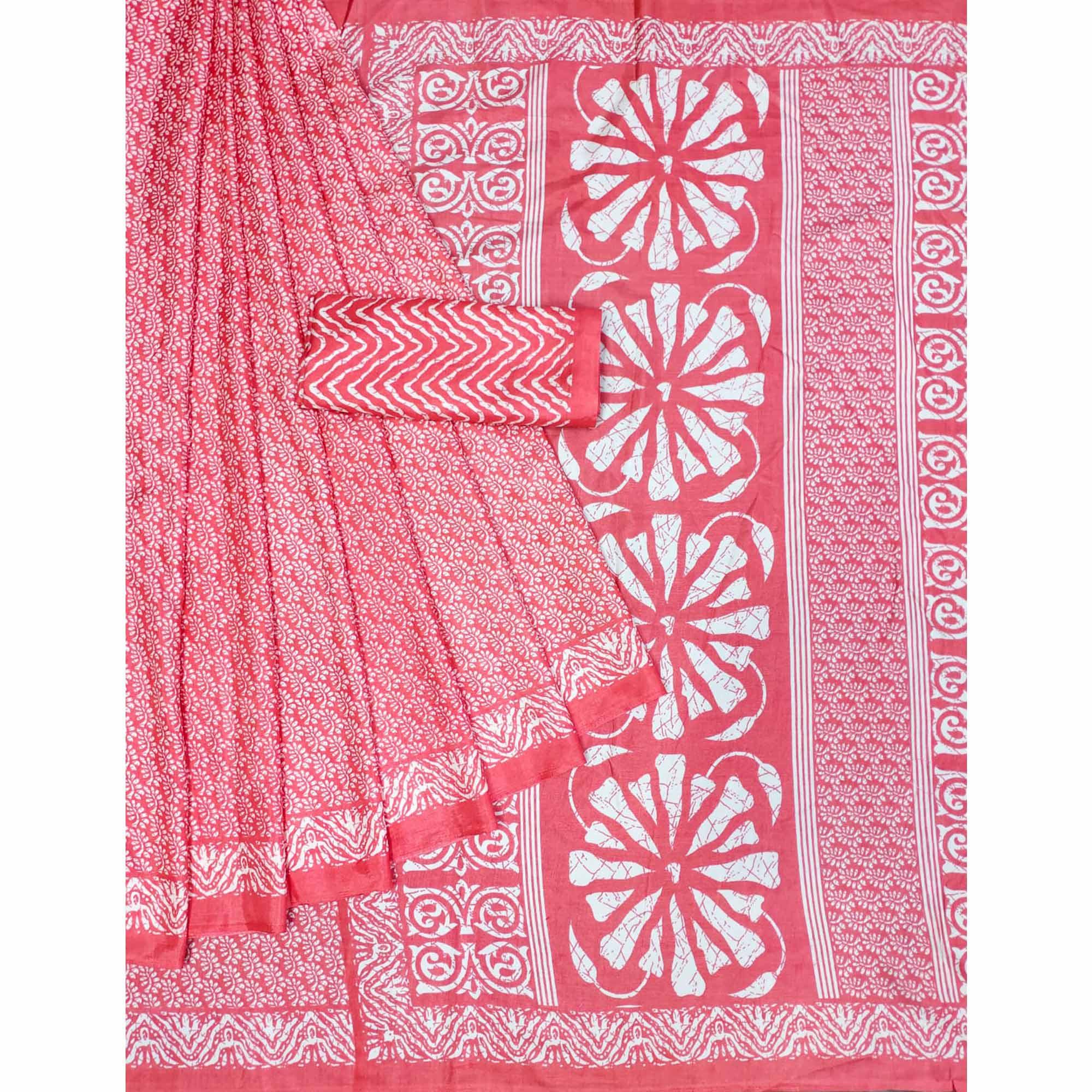 Pink Floral Printed Raw Silk Saree - Peachmode