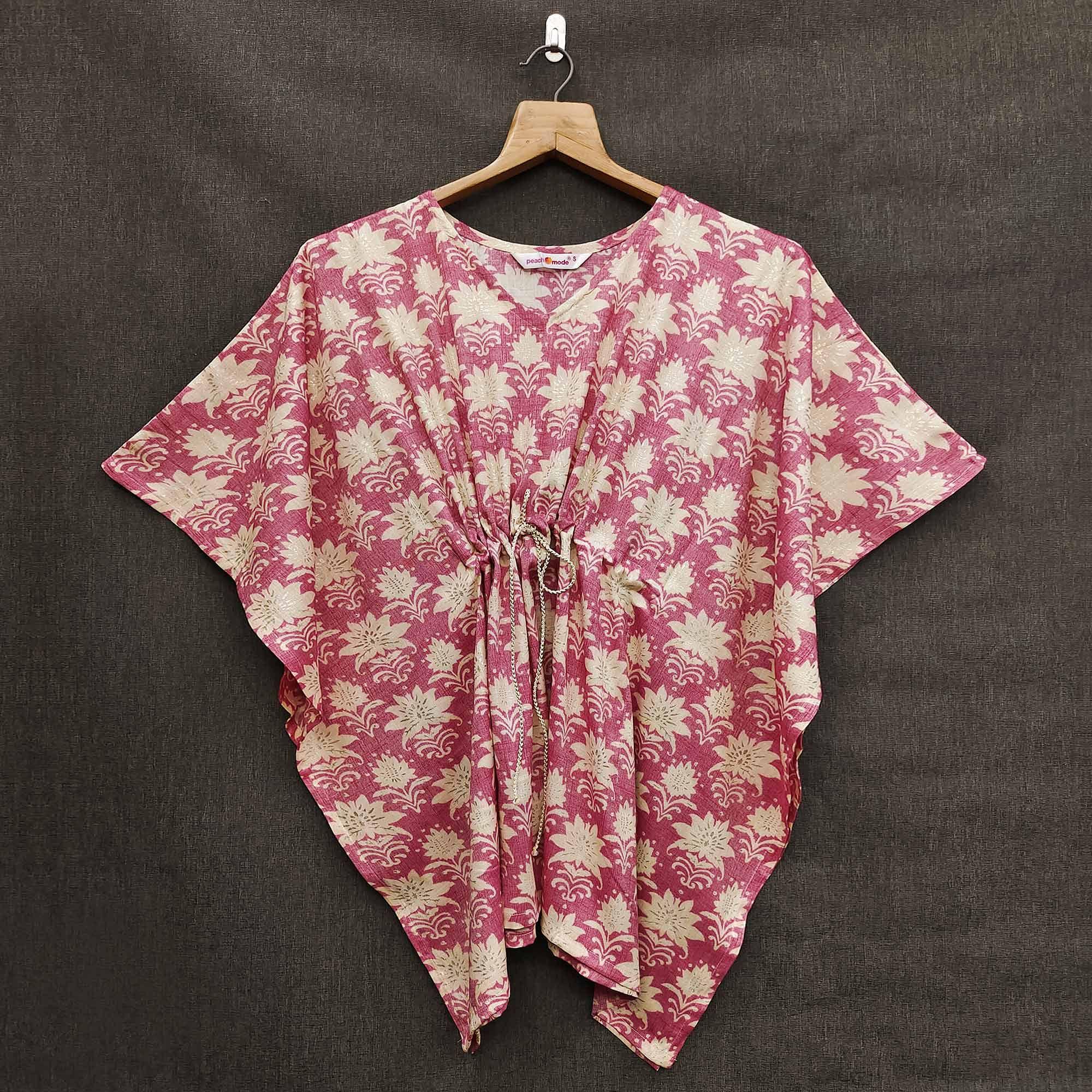 Pink Floral Printed Rayon Kaftan Top - Peachmode