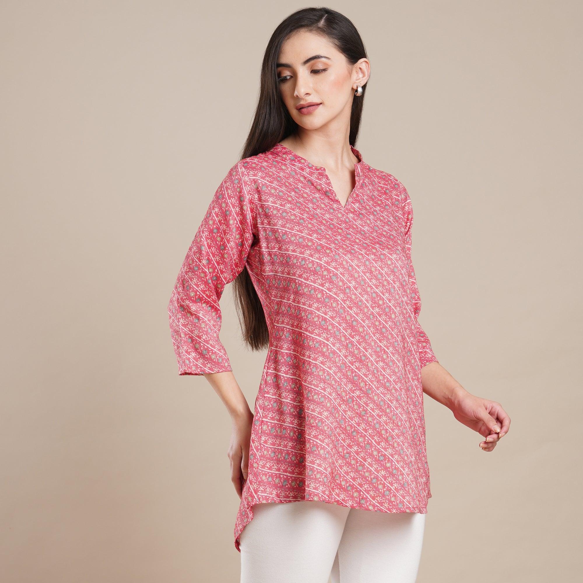 Pink Floral Printed Rayon Top - Peachmode