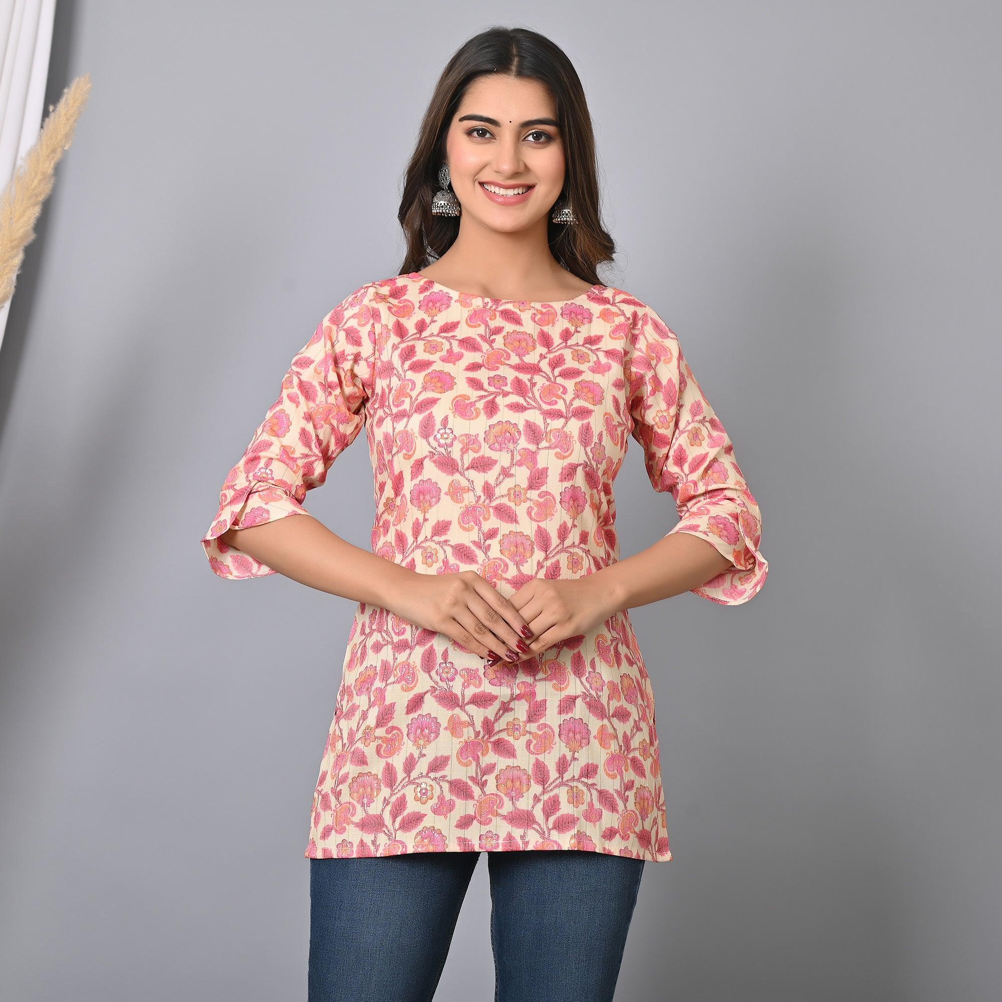 Pink Floral Printed Rayon Top - Peachmode