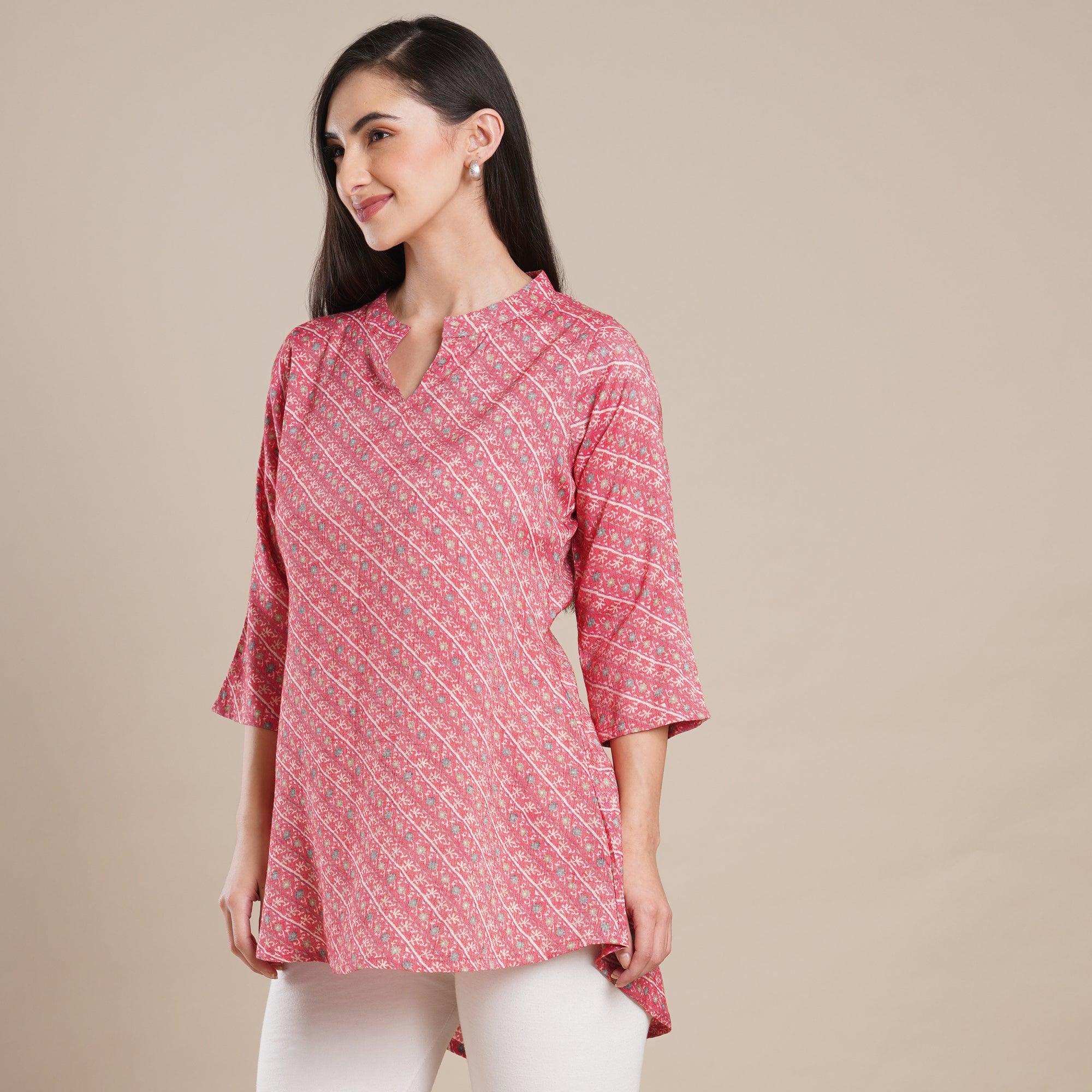 Pink Floral Printed Rayon Top - Peachmode