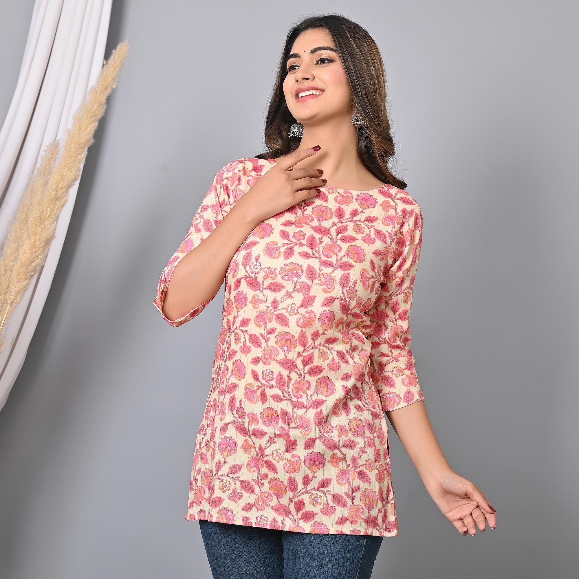 Pink Floral Printed Rayon Top - Peachmode