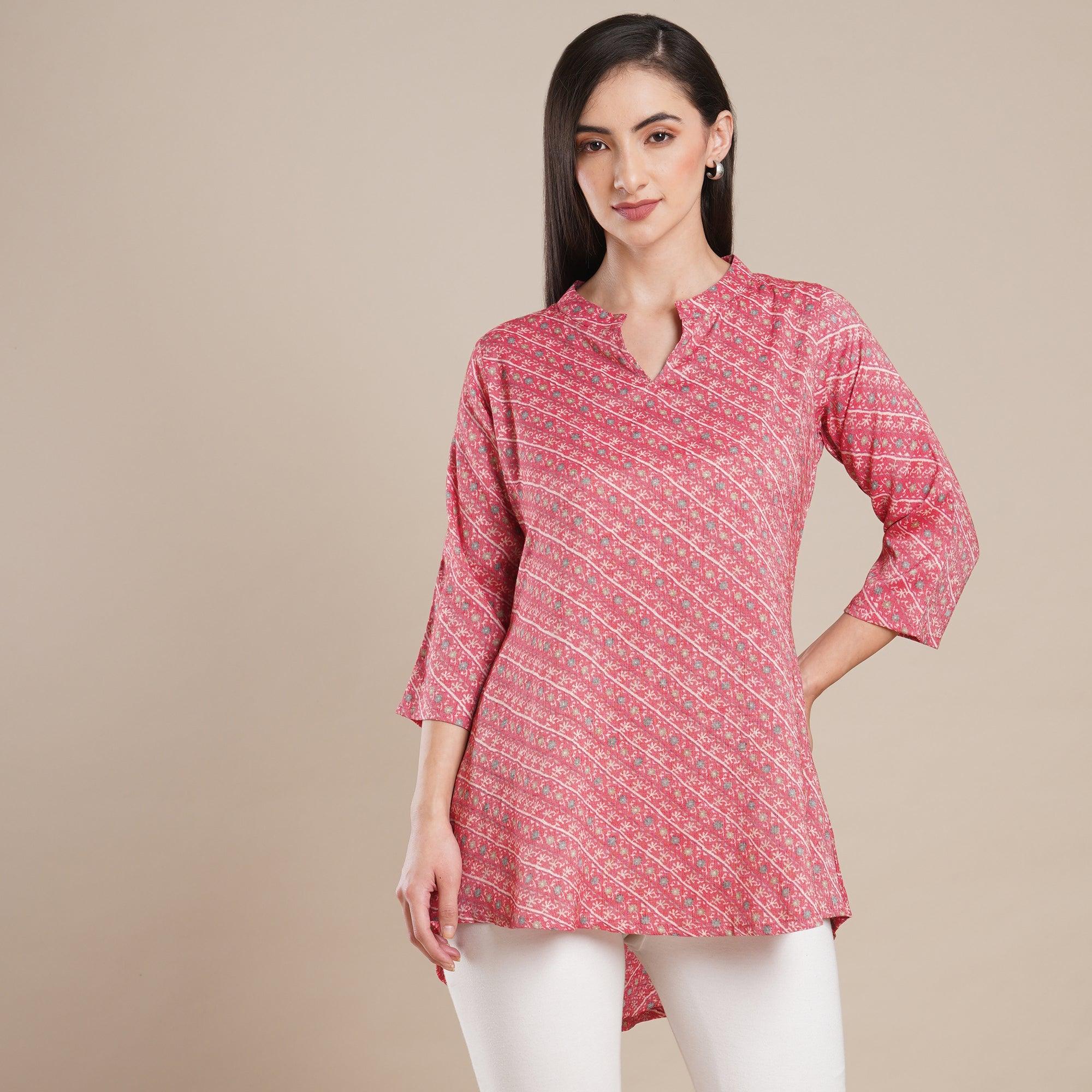 Pink Floral Printed Rayon Top - Peachmode