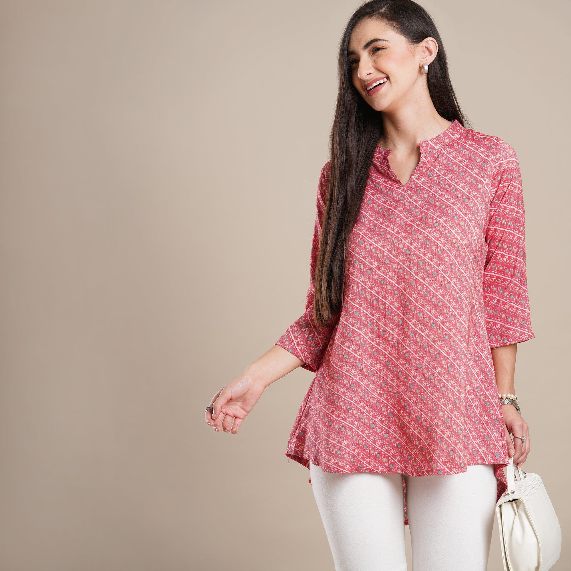 Pink Floral Printed Rayon Top - Peachmode