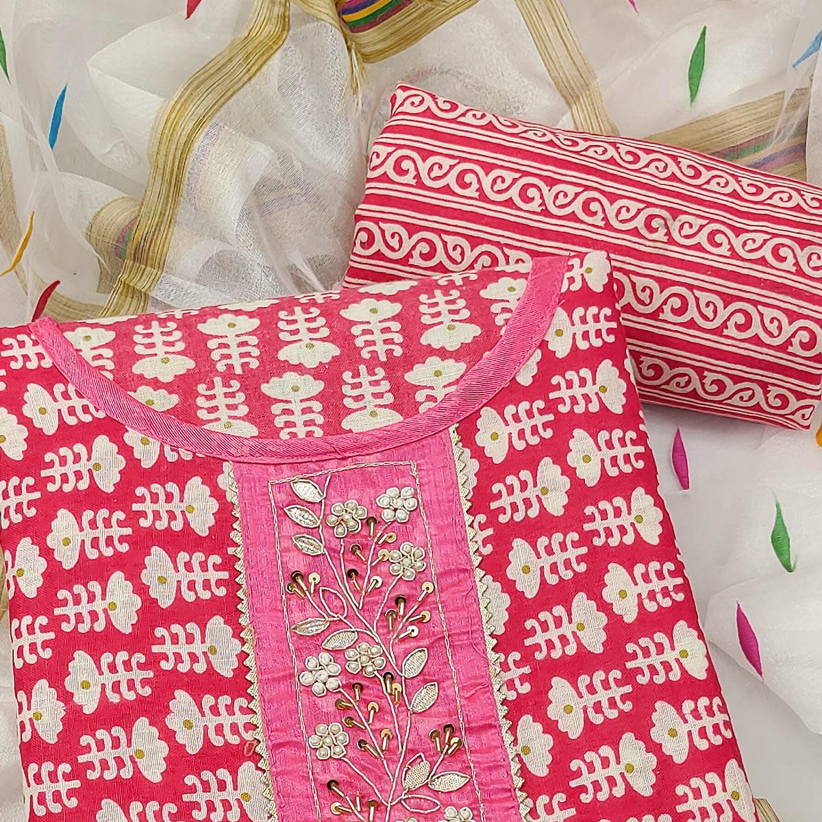 Pink Floral Printed With Embellished Poly Cotton Dress Material - Peachmode