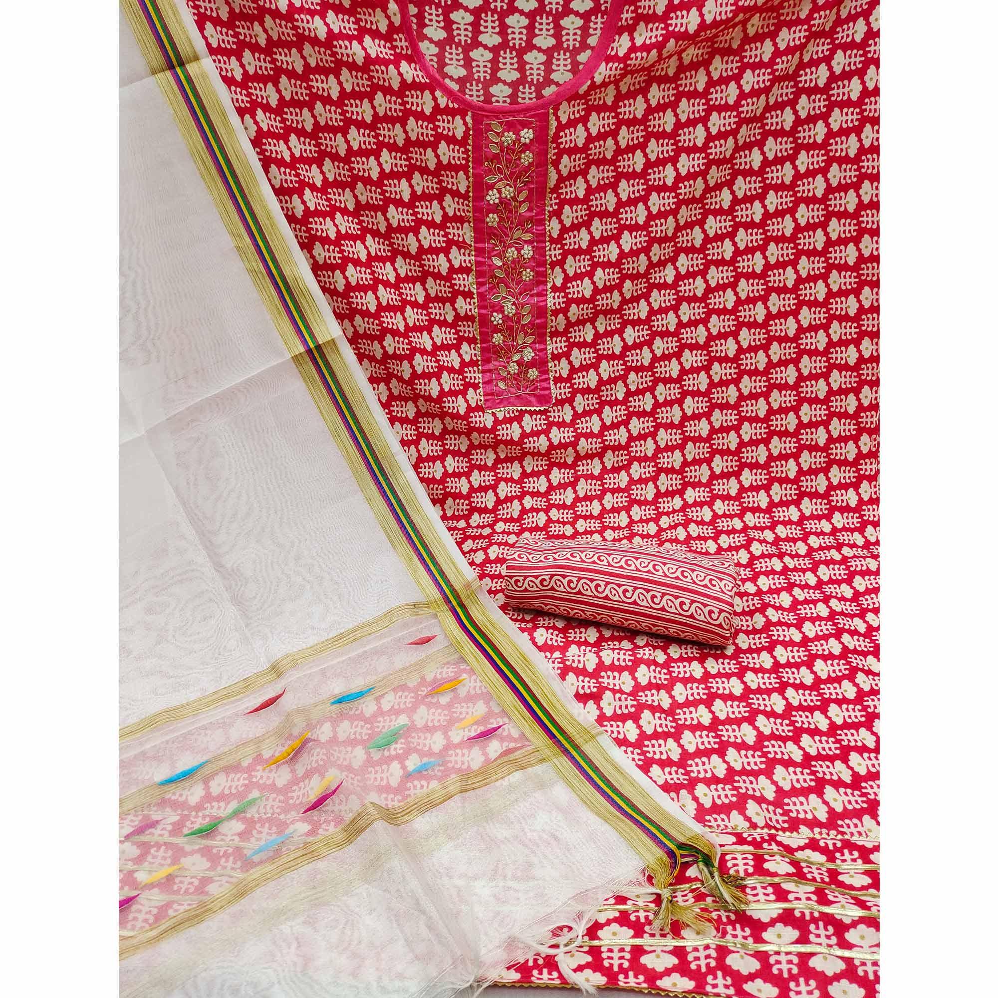 Pink Floral Printed With Embellished Poly Cotton Dress Material - Peachmode