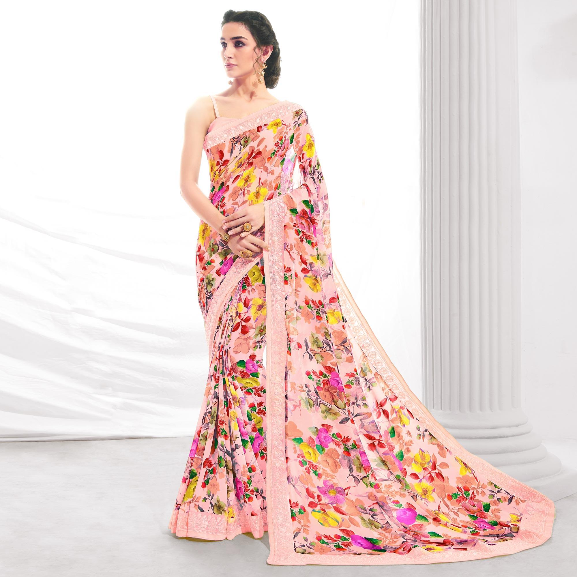 Pink Floral Printed With Embroidered Border Georgette Saree - Peachmode