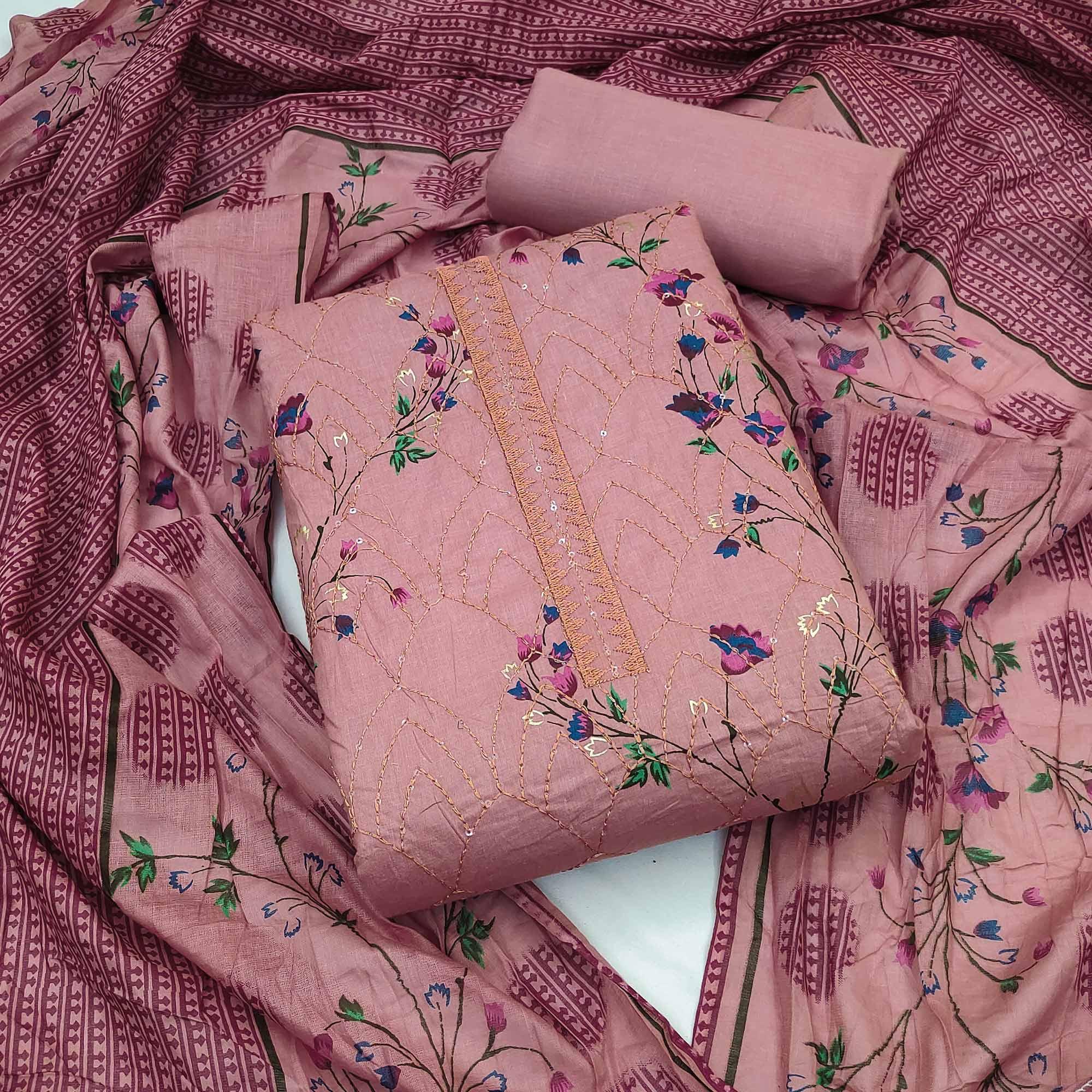 Pink Floral Printed With Embroidered Pure Cotton Dress Material - Peachmode