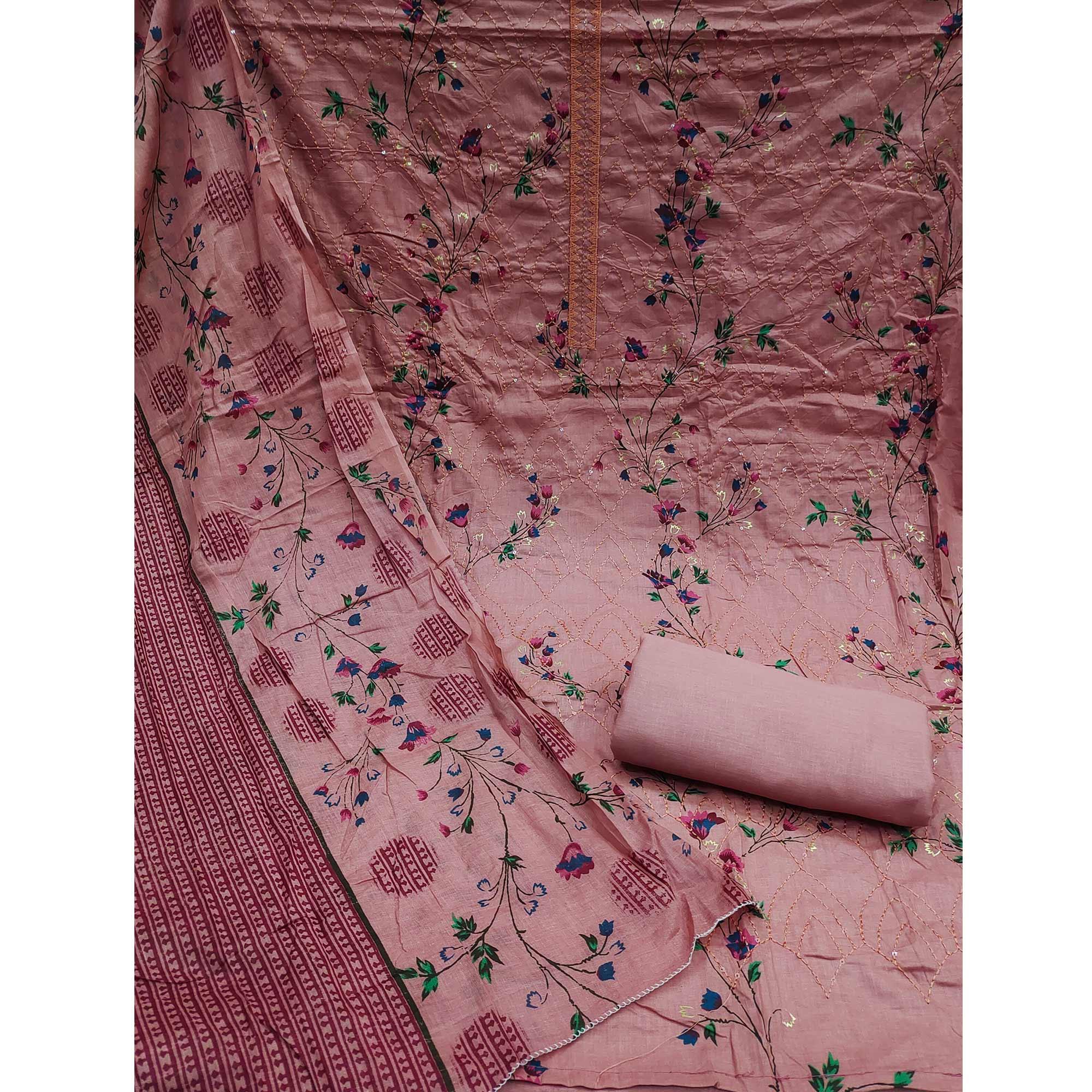Pink Floral Printed With Embroidered Pure Cotton Dress Material - Peachmode