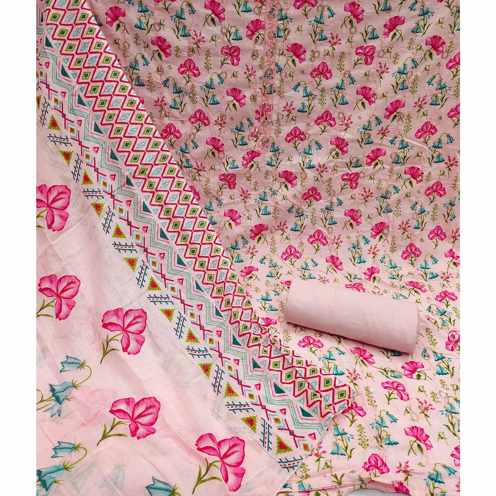 Pink Floral Printed With Embroidered Pure Cotton Dress Material - Peachmode
