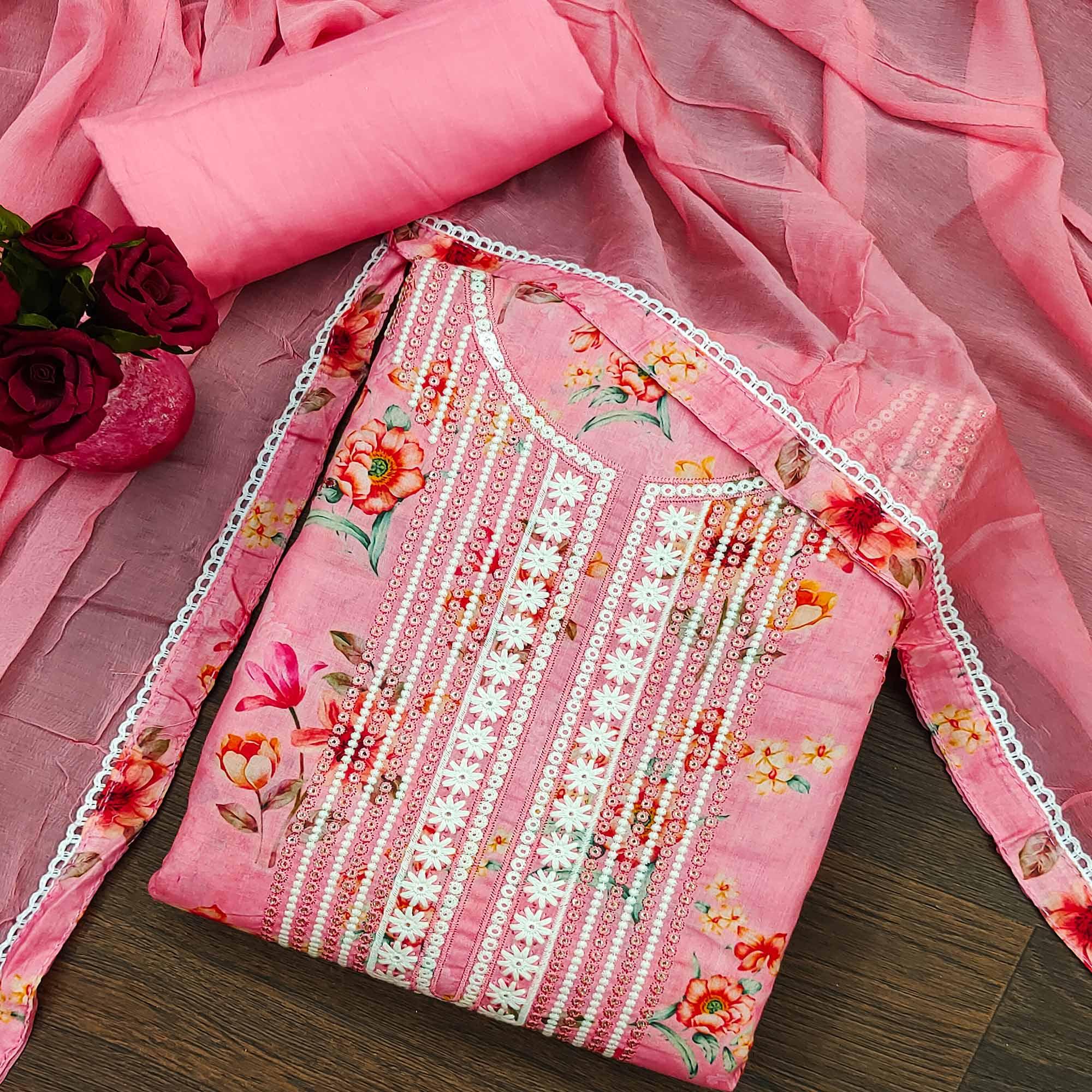 Pink Floral Printed With Embroidery Pure Cotton Dress Material - Peachmode
