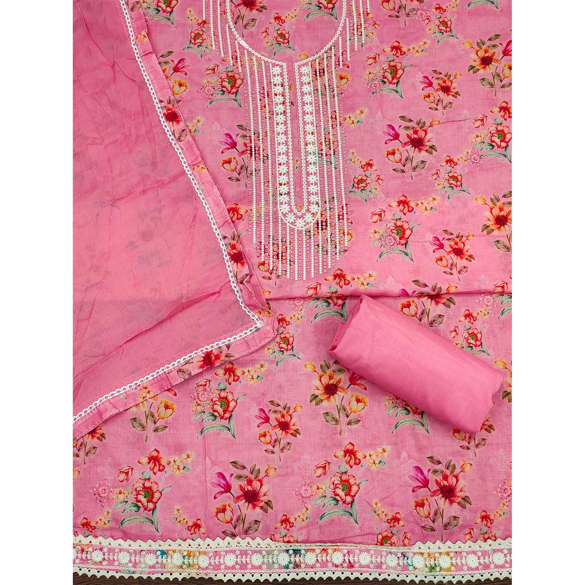 Pink Floral Printed With Embroidery Pure Cotton Dress Material - Peachmode