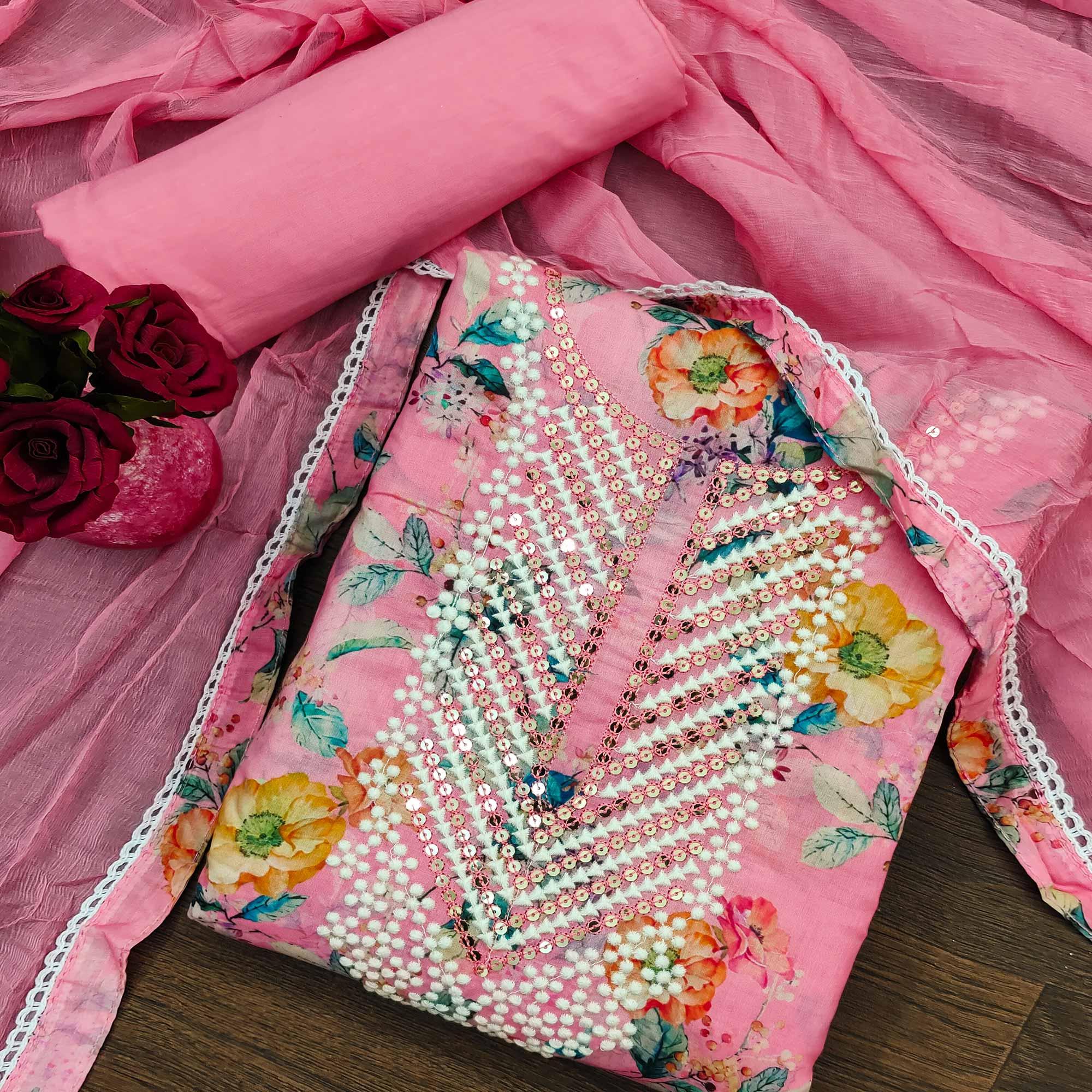 Pink Floral Printed With Sequence Embroidery Pure Cotton Dress Material - Peachmode
