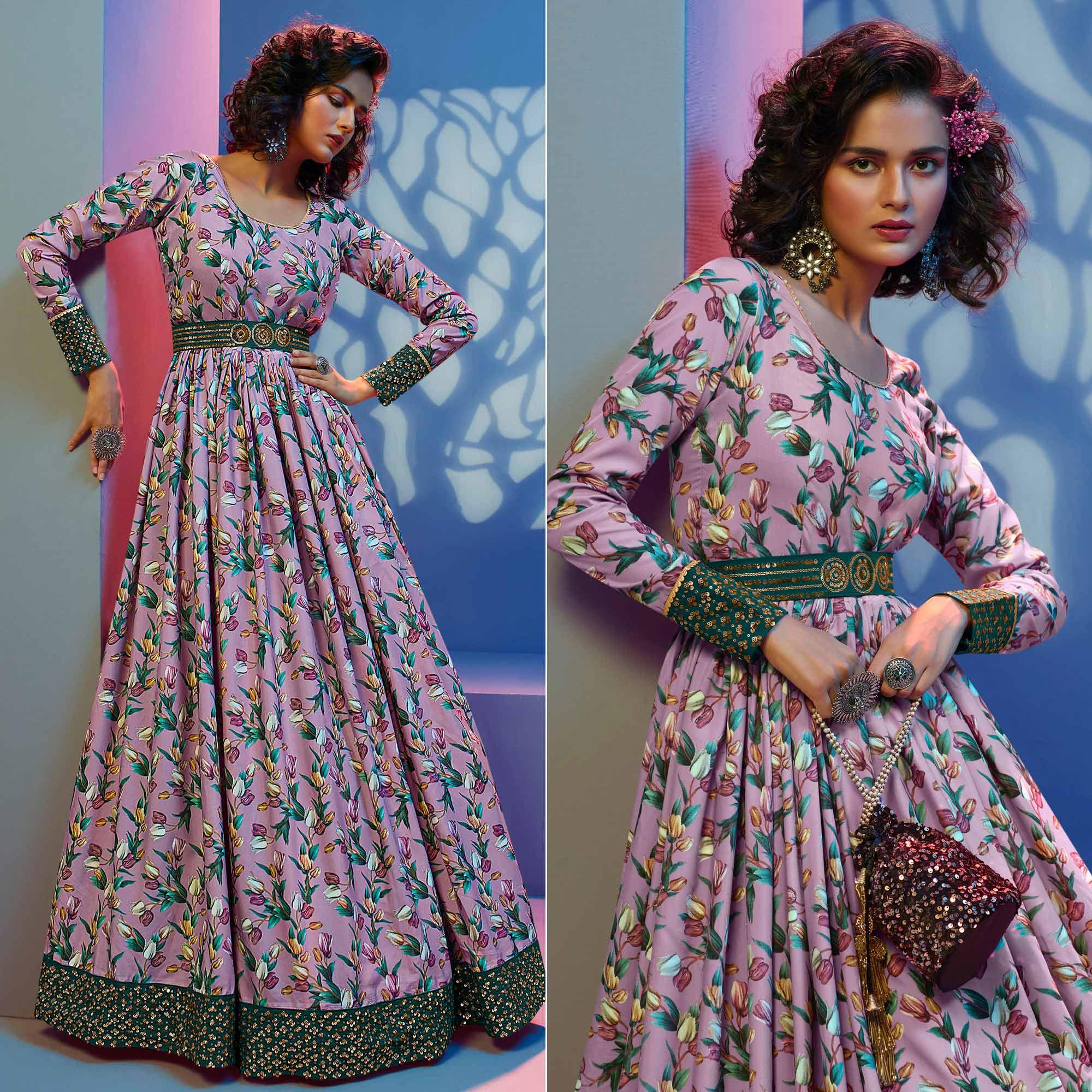 Pink Floral Printed With Sequence Pure Silk Anarkali Style Gown - Peachmode