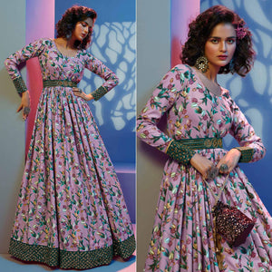 Pink Floral Printed With Sequence Pure Silk Anarkali Style Gown - Peachmode