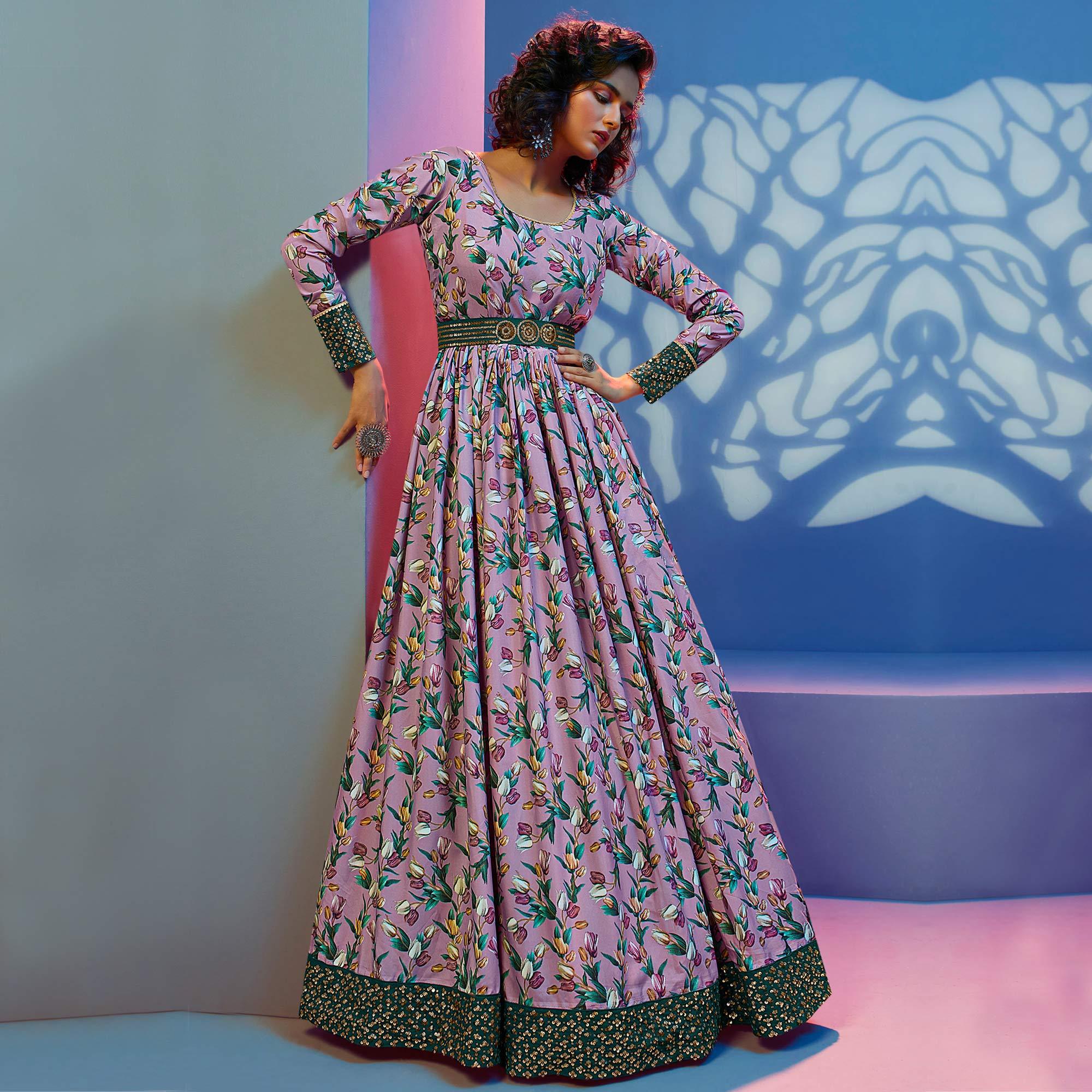 Pink Floral Printed With Sequence Pure Silk Anarkali Style Gown - Peachmode