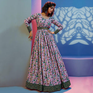 Pink Floral Printed With Sequence Pure Silk Anarkali Style Gown - Peachmode