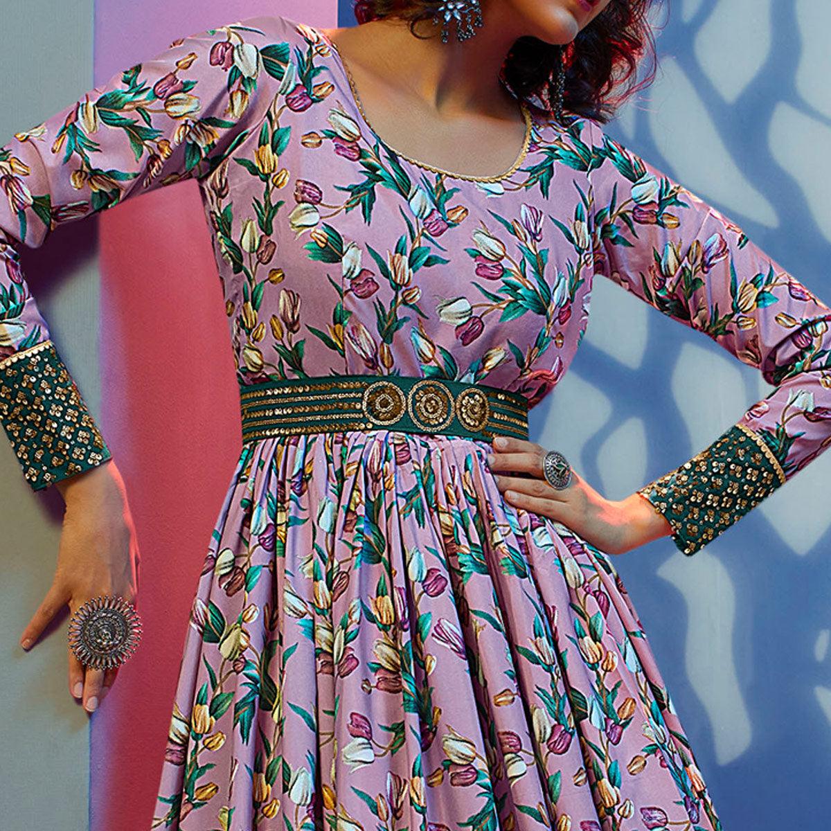 Pink Floral Printed With Sequence Pure Silk Anarkali Style Gown - Peachmode