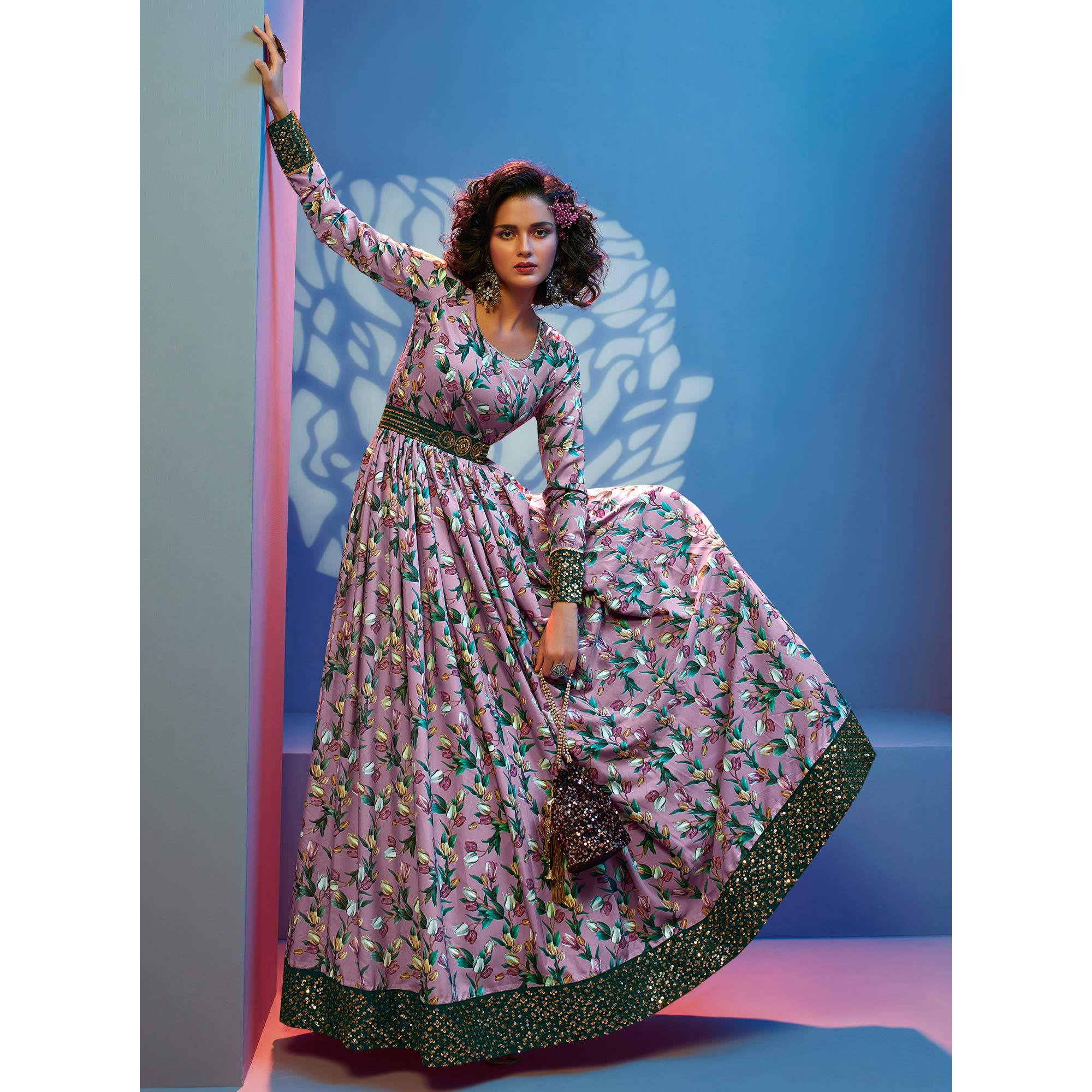Pink Floral Printed With Sequence Pure Silk Anarkali Style Gown - Peachmode