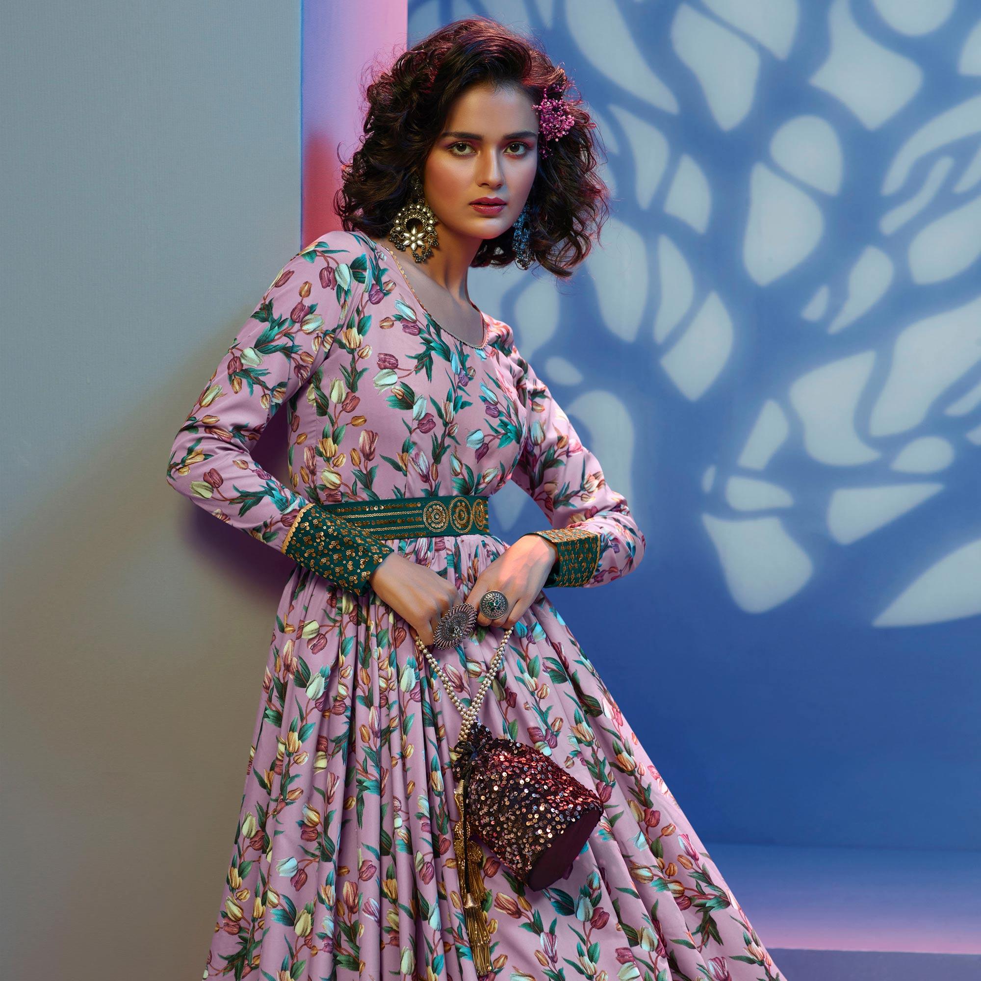 Pink Floral Printed With Sequence Pure Silk Anarkali Style Gown - Peachmode