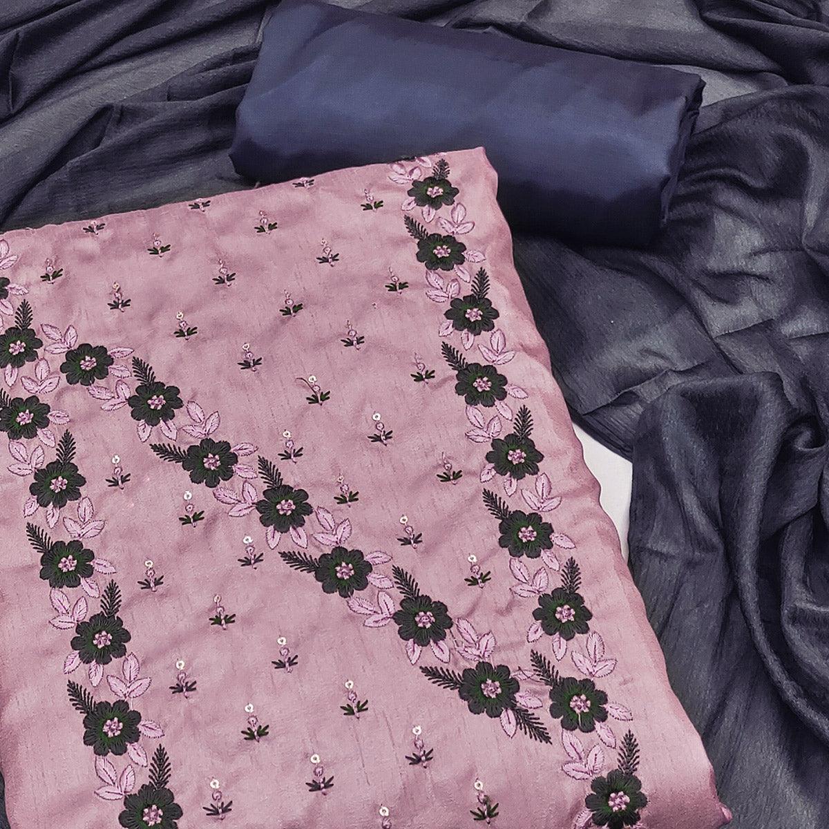 Pink Floral Sequence Embroidered Art Silk Dress Material - Peachmode
