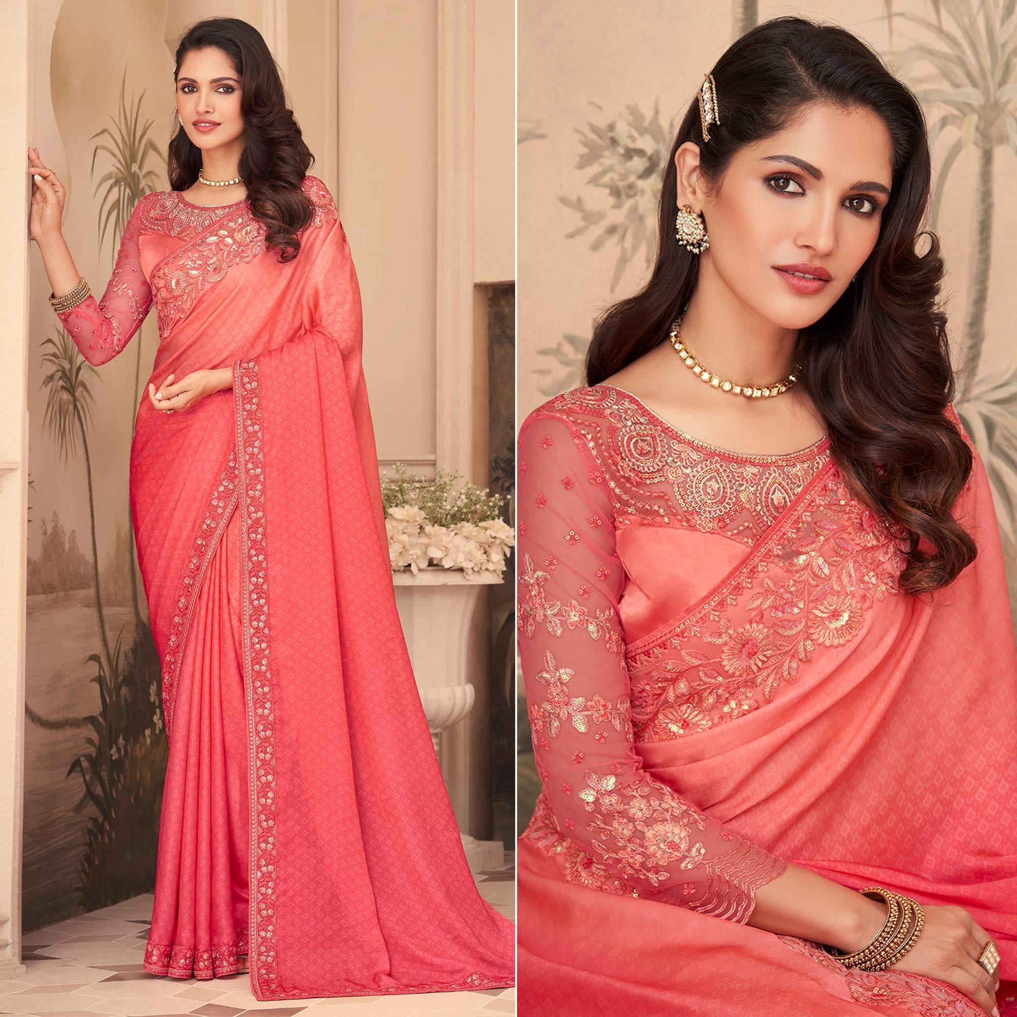 Pink Floral Sequence Embroidered Art Silk Saree - Peachmode