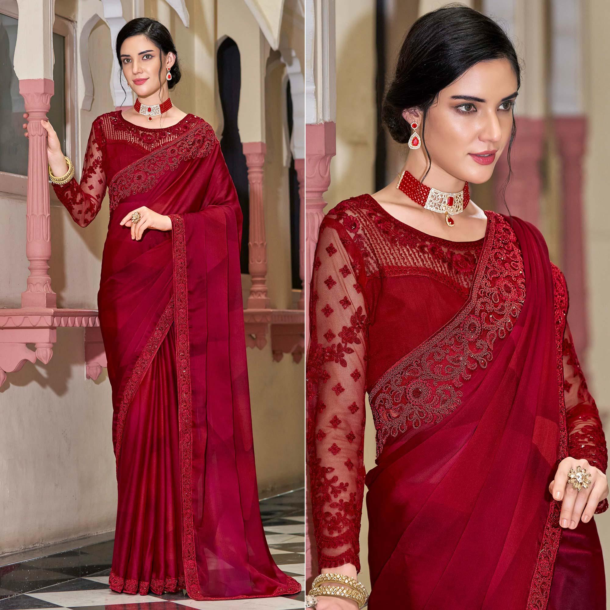 Pink Floral Sequence Embroidered Art Silk Saree - Peachmode