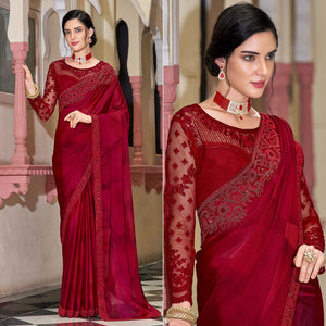 Pink Floral Sequence Embroidered Art Silk Saree - Peachmode