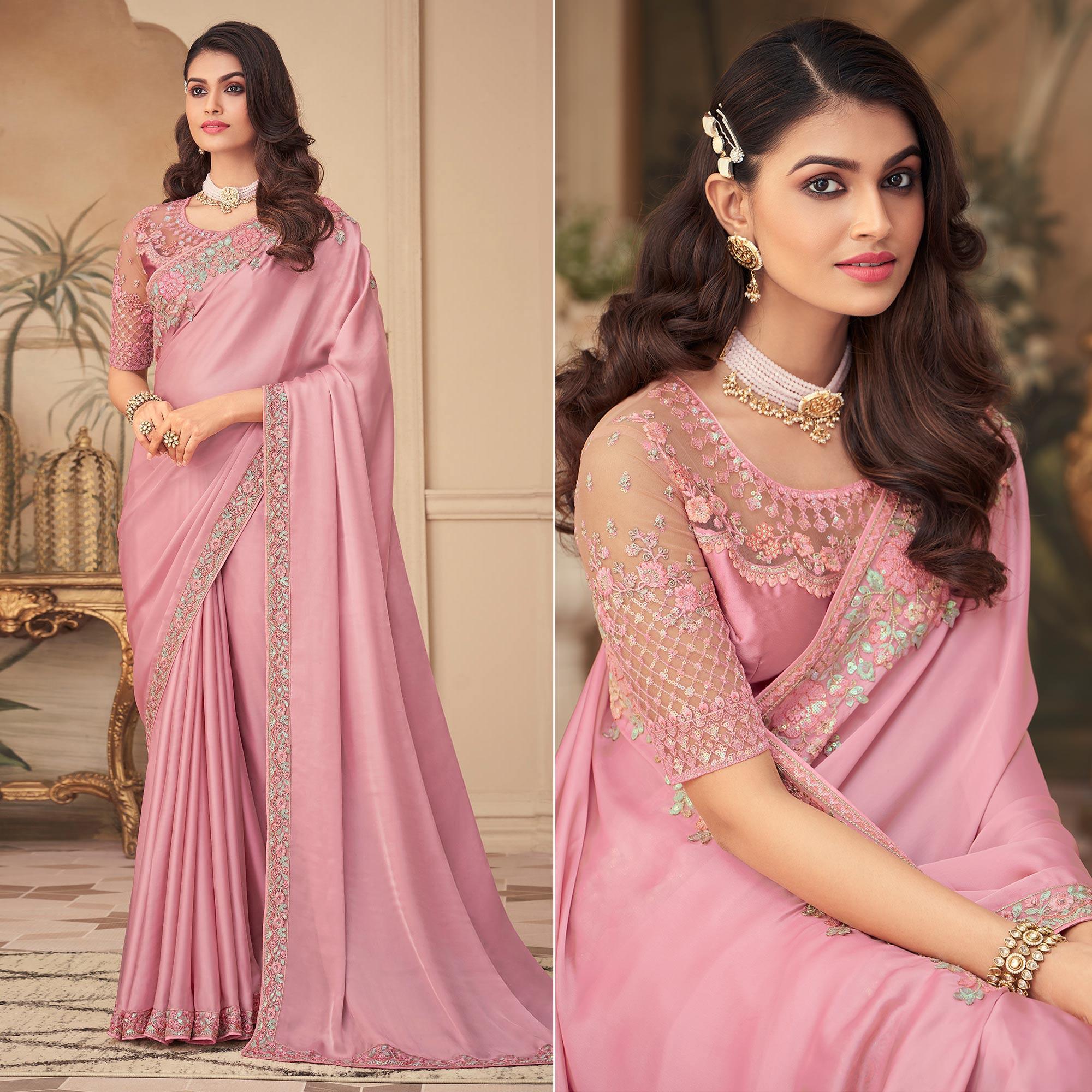 Pink Floral Sequence Embroidered Art Silk Saree - Peachmode