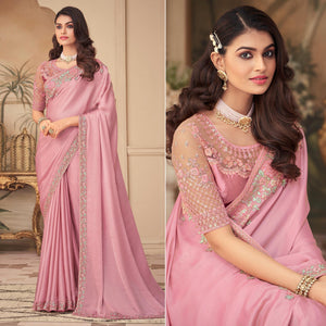 Pink Floral Sequence Embroidered Art Silk Saree - Peachmode