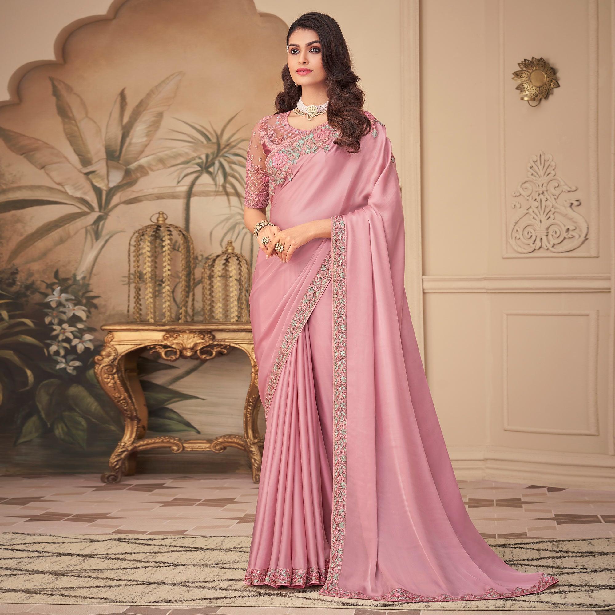 Pink Floral Sequence Embroidered Art Silk Saree - Peachmode