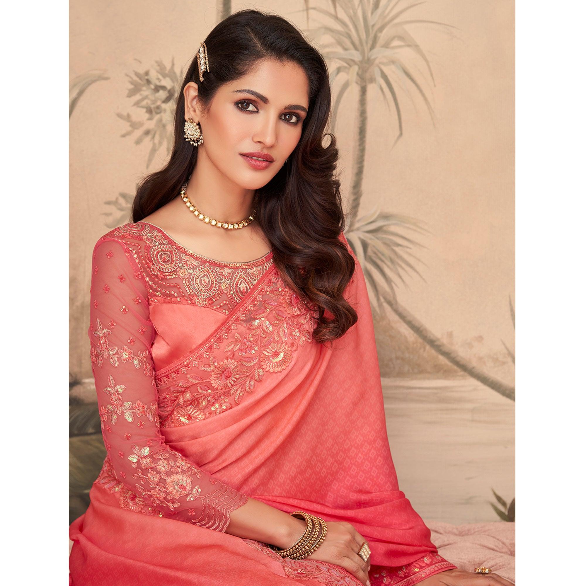 Pink Floral Sequence Embroidered Art Silk Saree - Peachmode