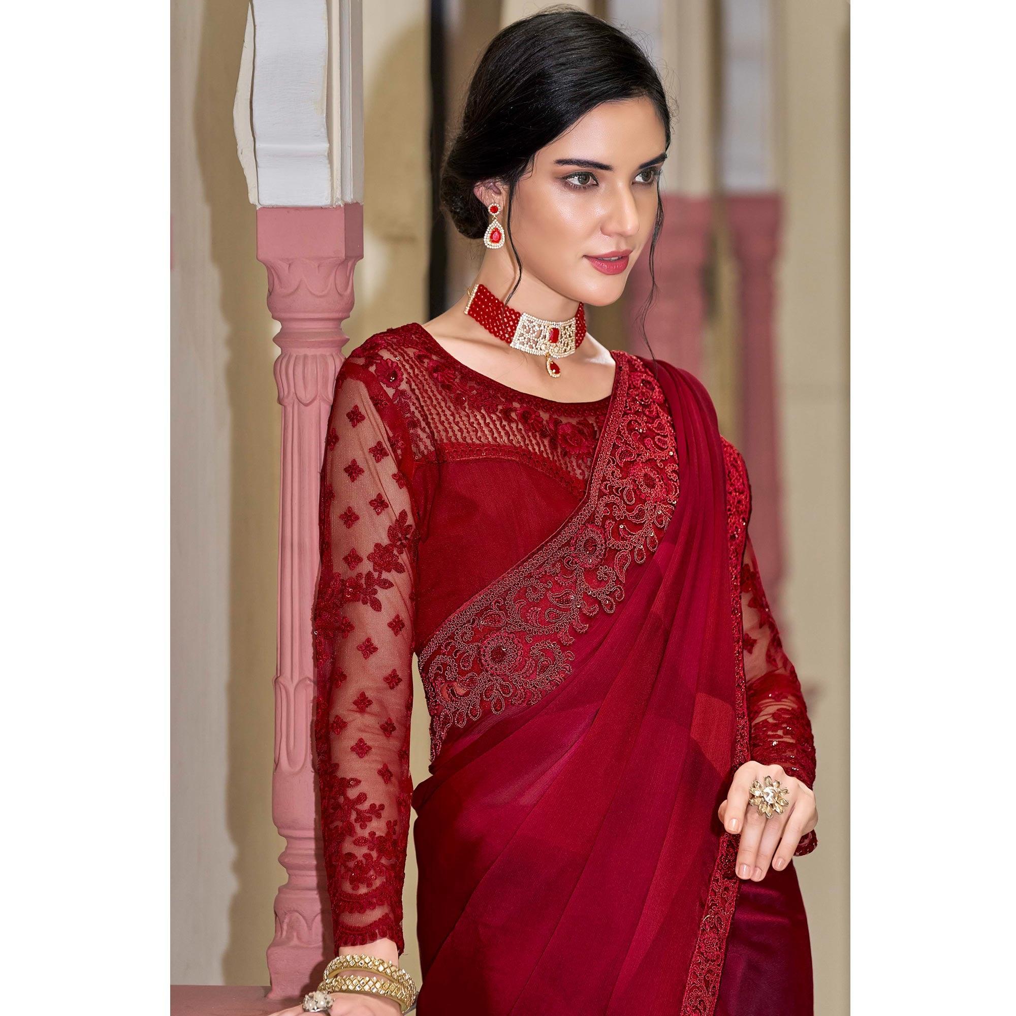 Pink Floral Sequence Embroidered Art Silk Saree - Peachmode