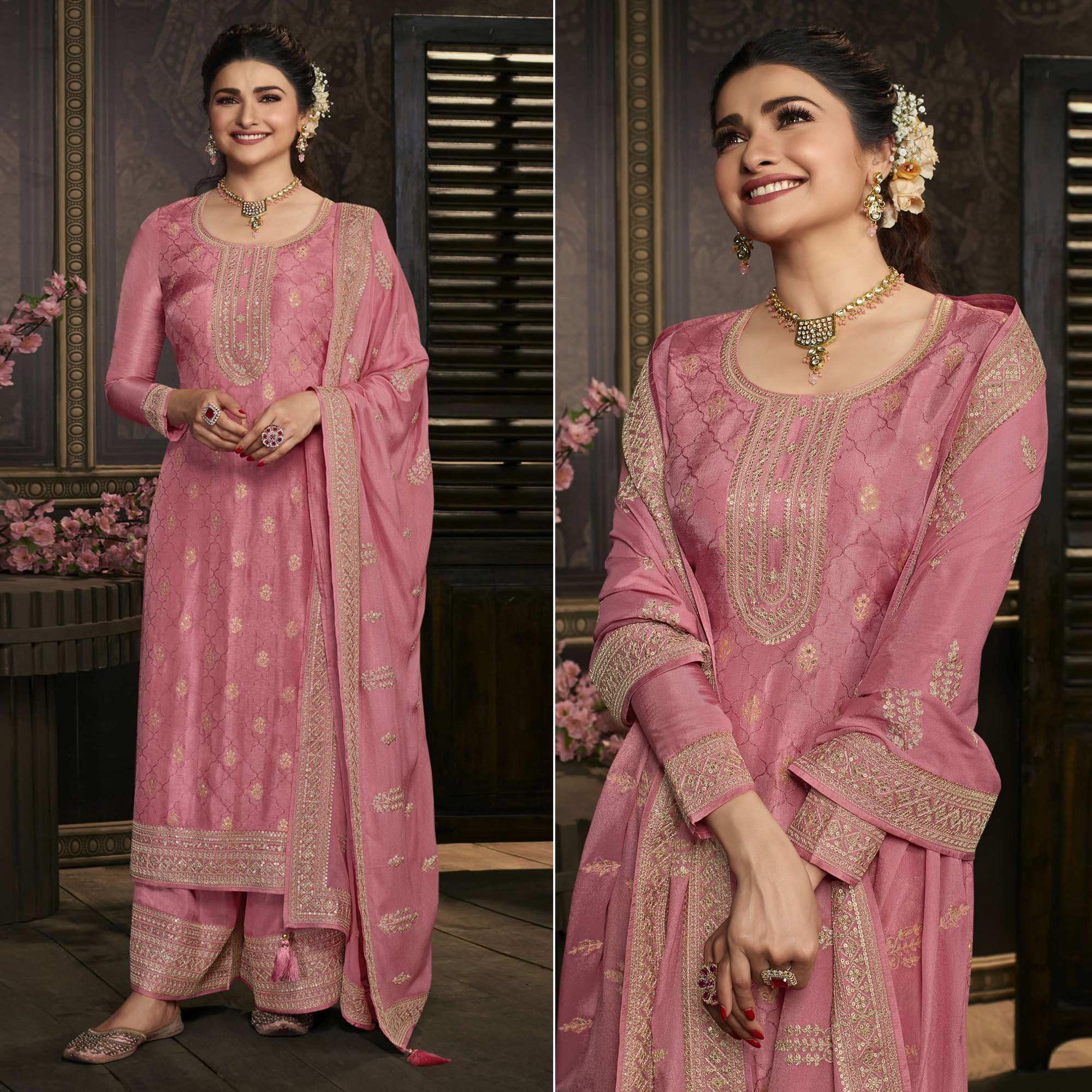 Pink Floral Sequence Embroidered Dola Silk Palazzo Suit - Peachmode