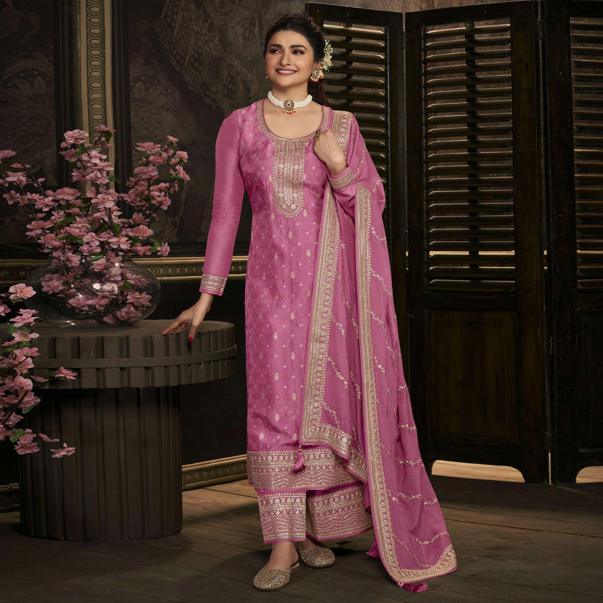 Pink Floral Sequence Embroidered Dola Silk Palazzo Suit - Peachmode