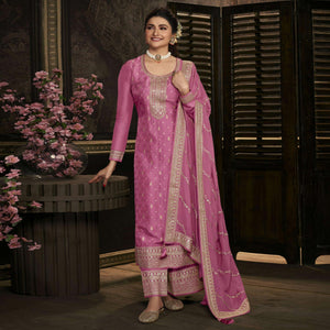 Pink Floral Sequence Embroidered Dola Silk Palazzo Suit - Peachmode