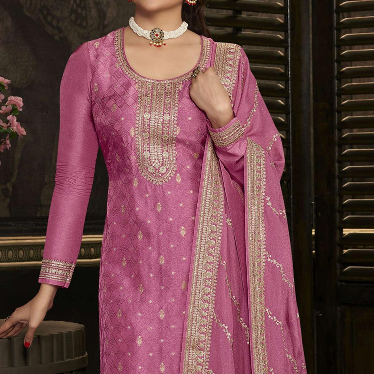 Pink Floral Sequence Embroidered Dola Silk Palazzo Suit - Peachmode