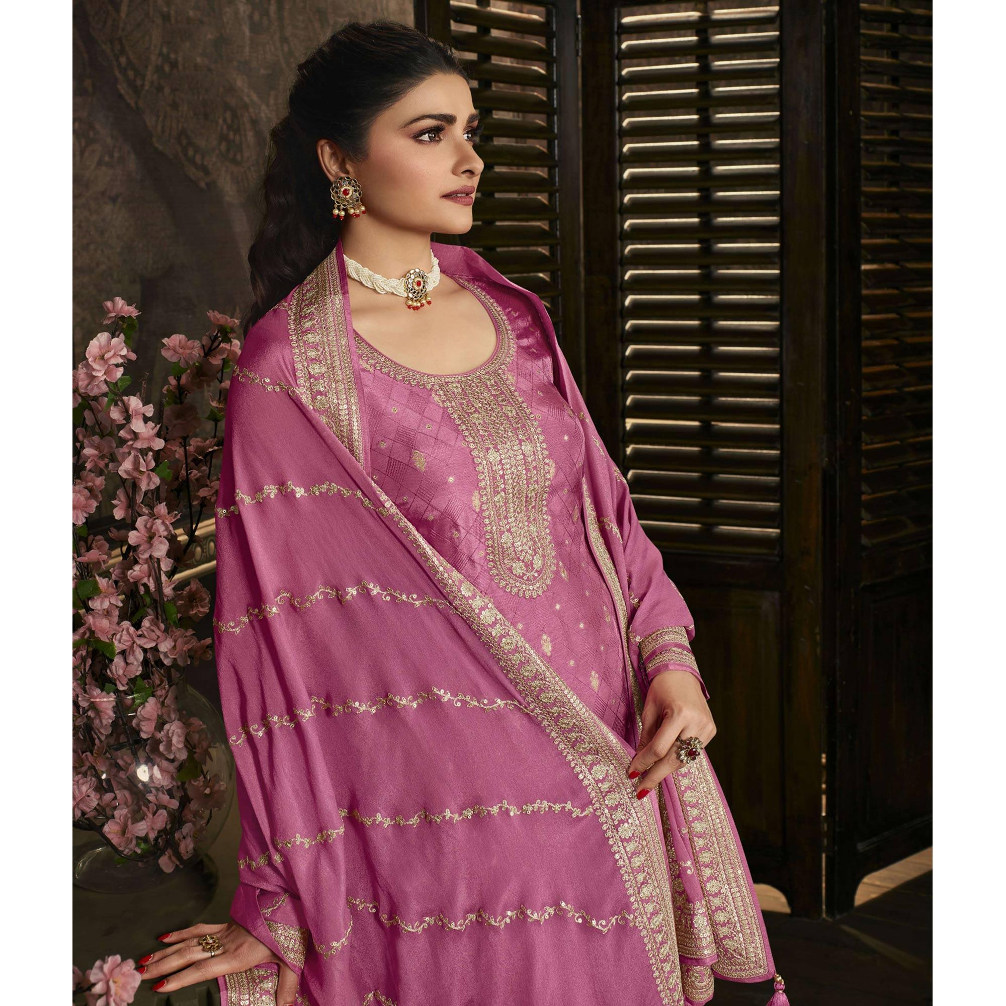Pink Floral Sequence Embroidered Dola Silk Palazzo Suit - Peachmode