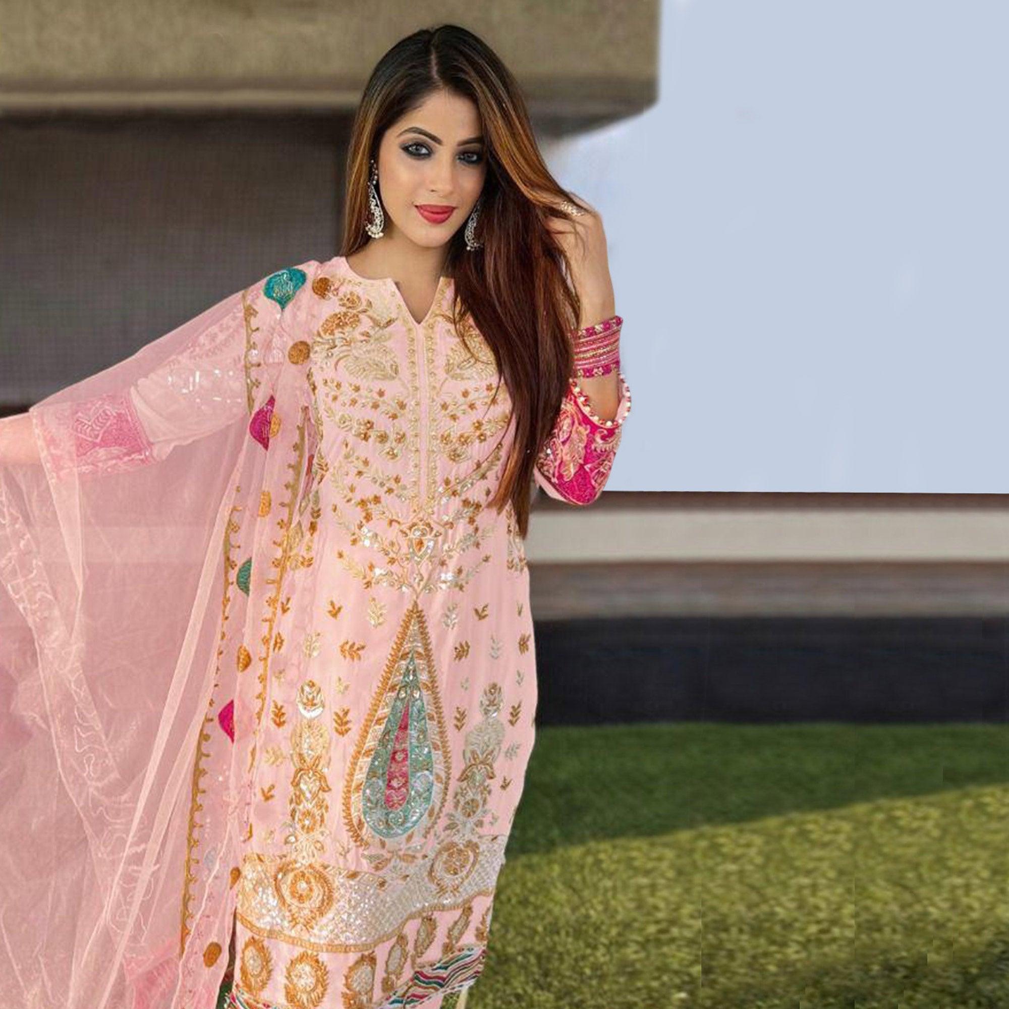 Pink Floral Sequence Embroidered Georgette Pakistani Suit - Peachmode
