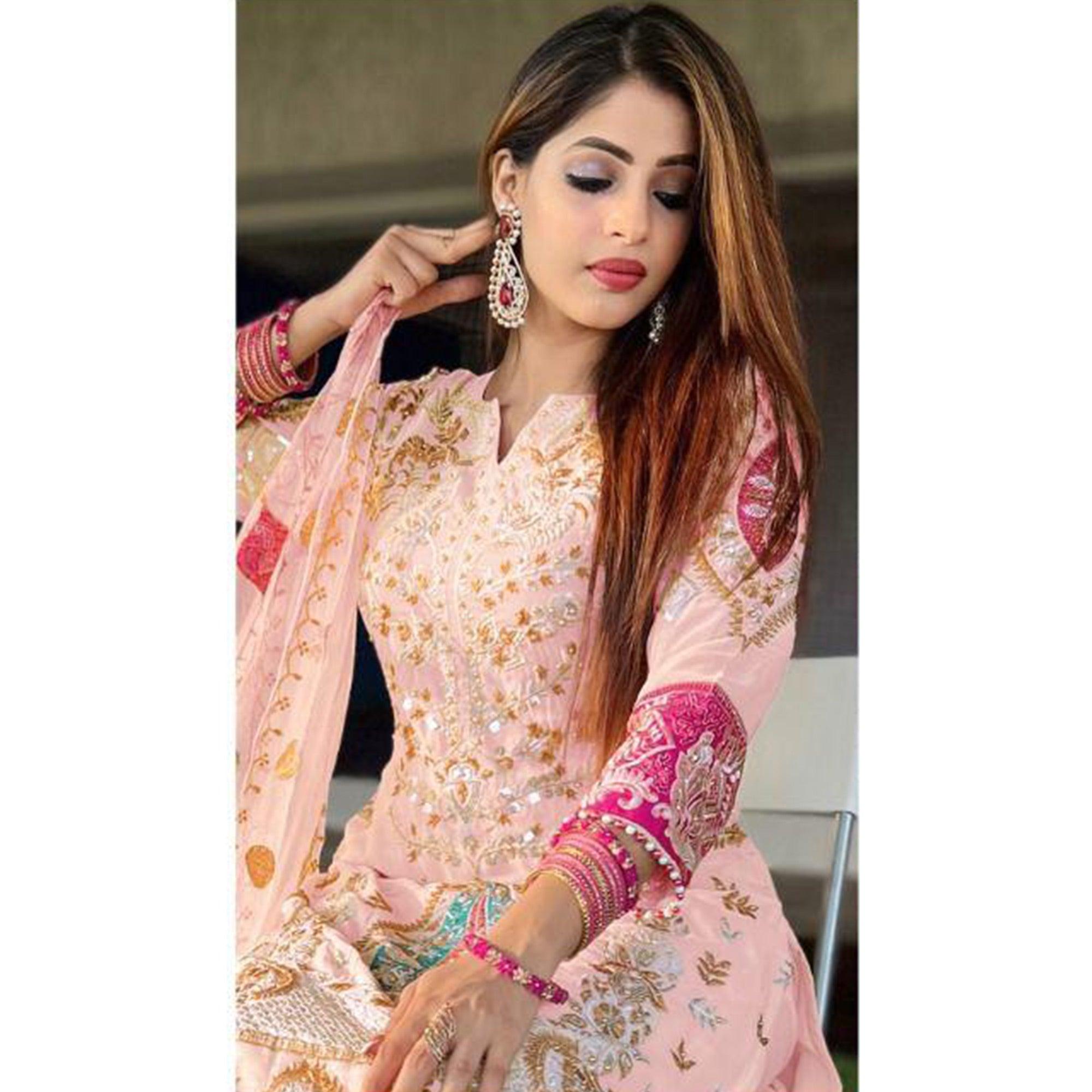 Pink Floral Sequence Embroidered Georgette Pakistani Suit - Peachmode