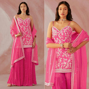 Pink Floral Sequence Embroidered Georgette Sharara Suit - Peachmode