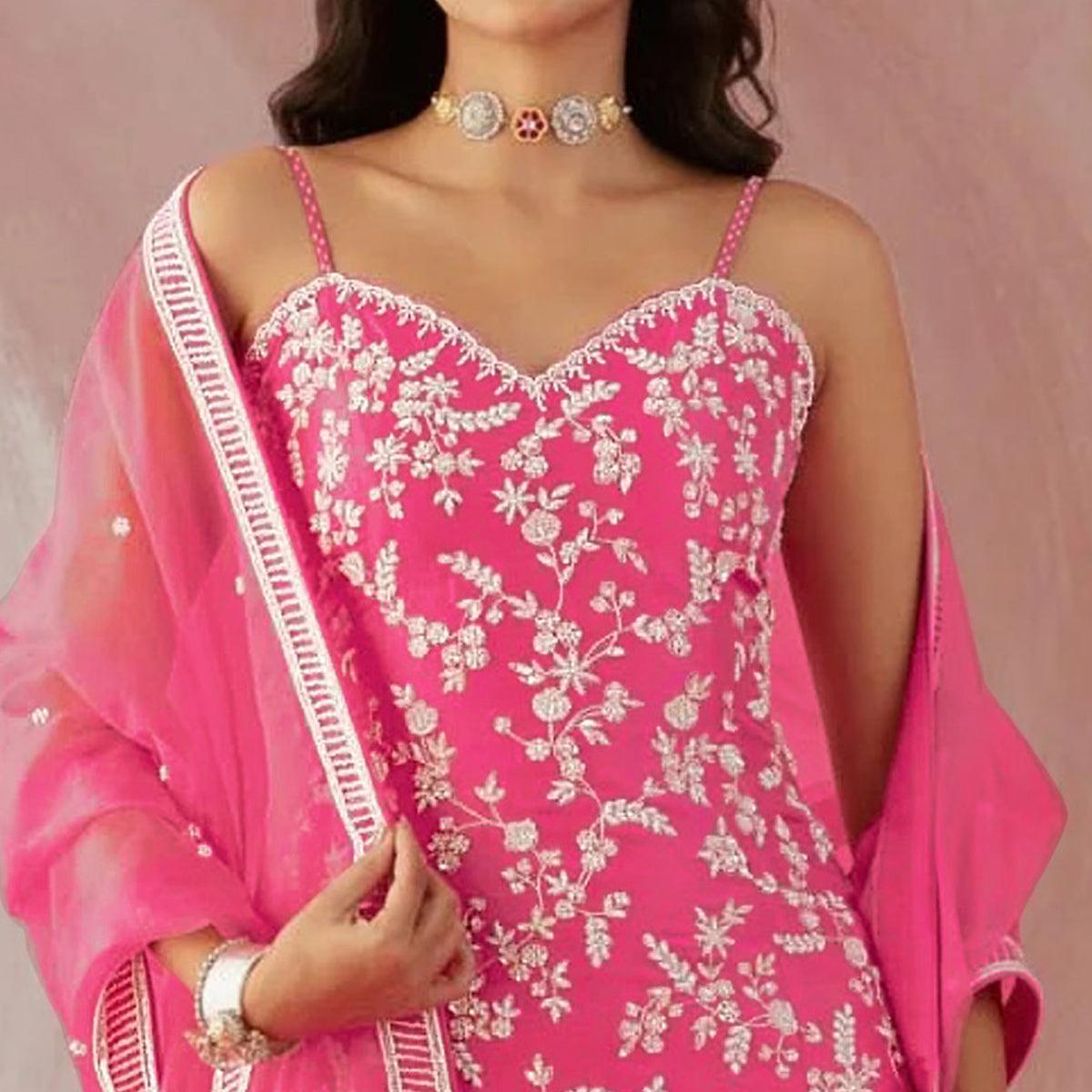 Pink Floral Sequence Embroidered Georgette Sharara Suit - Peachmode