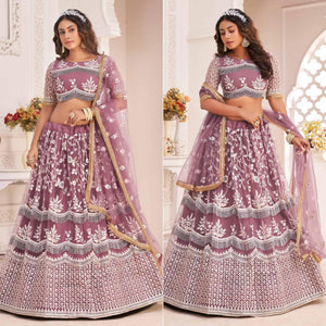 Pink Floral Sequence Embroidered Net Lehenga Choli - Peachmode
