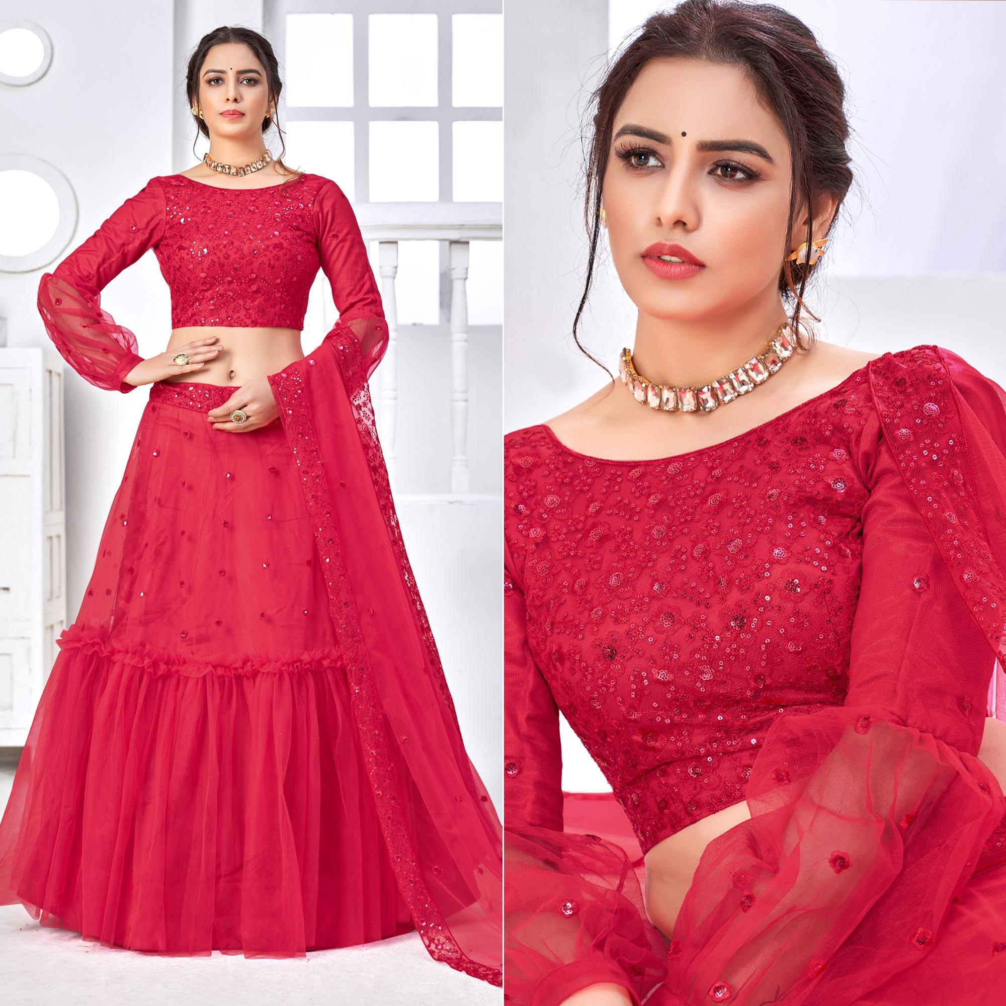 Pink Floral Sequence Embroidered Net Lehenga Choli - Peachmode
