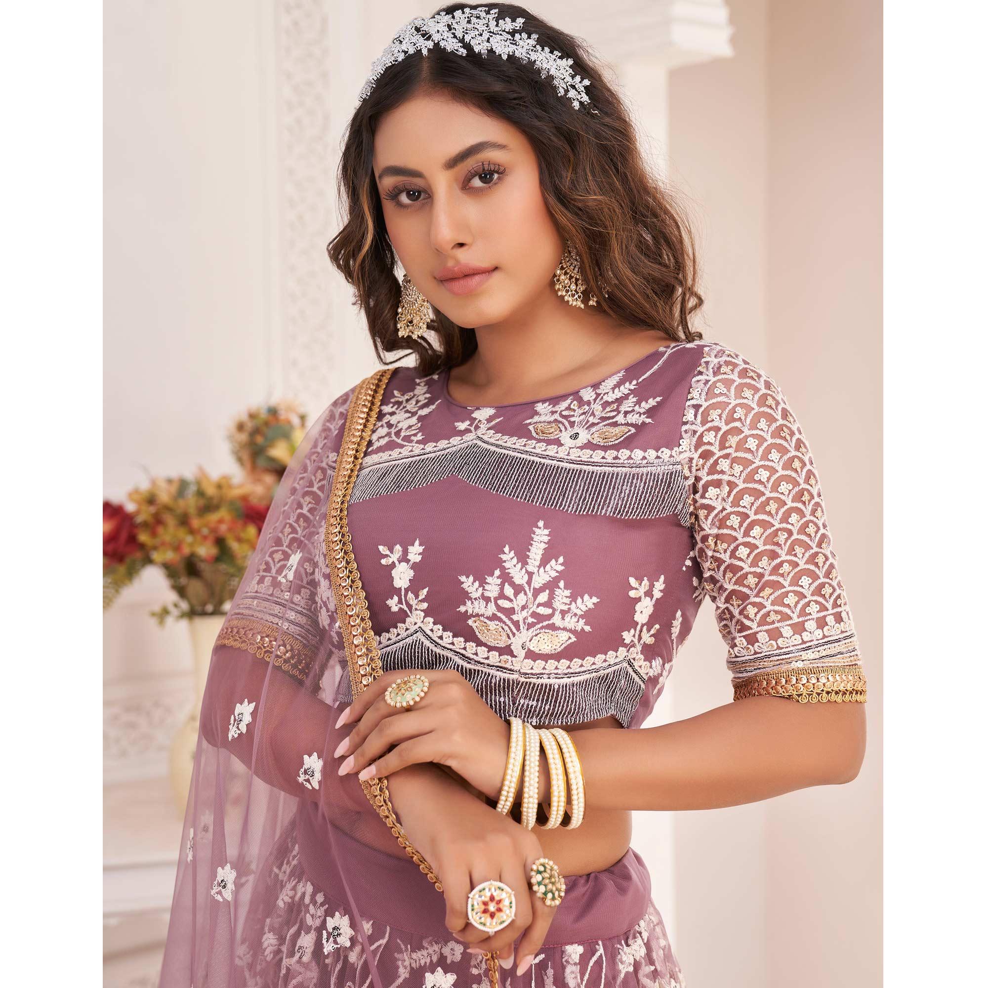 Pink Floral Sequence Embroidered Net Lehenga Choli - Peachmode