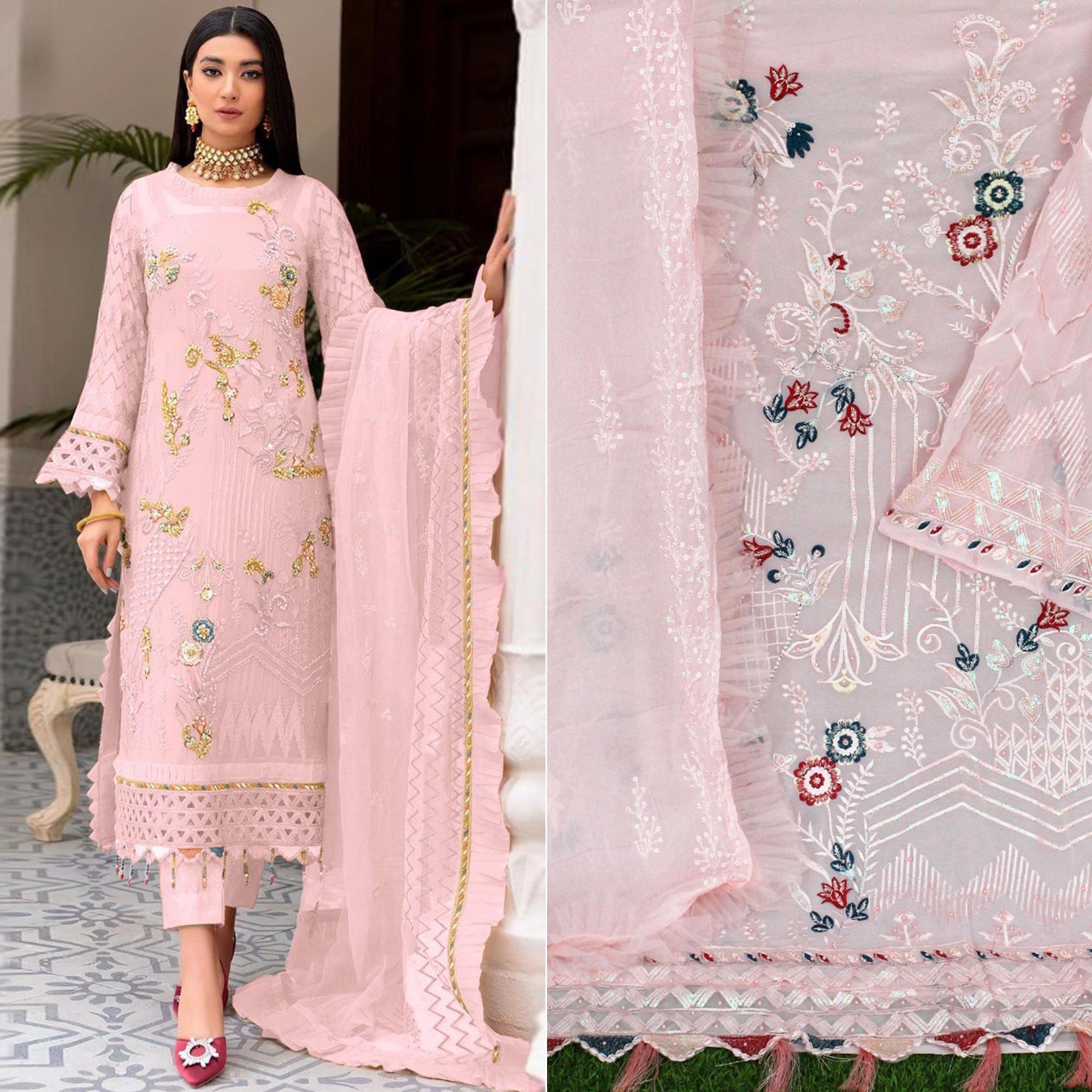 Pink Floral Sequence Embroidered Work Georgette Pakistani Suit - Peachmode