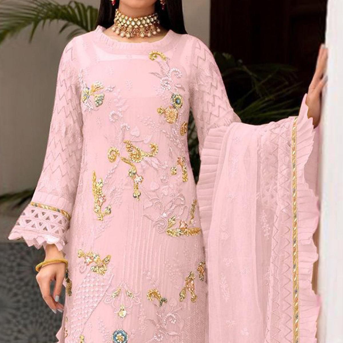 Pink Floral Sequence Embroidered Work Georgette Pakistani Suit - Peachmode