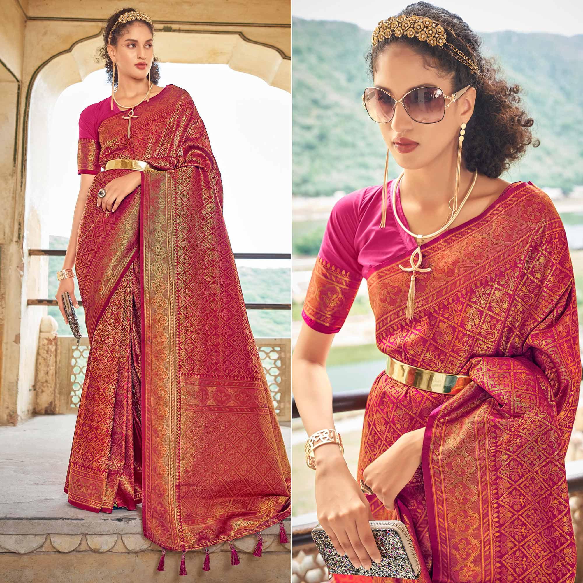Pink Floral Woven Art Silk Saree - Peachmode