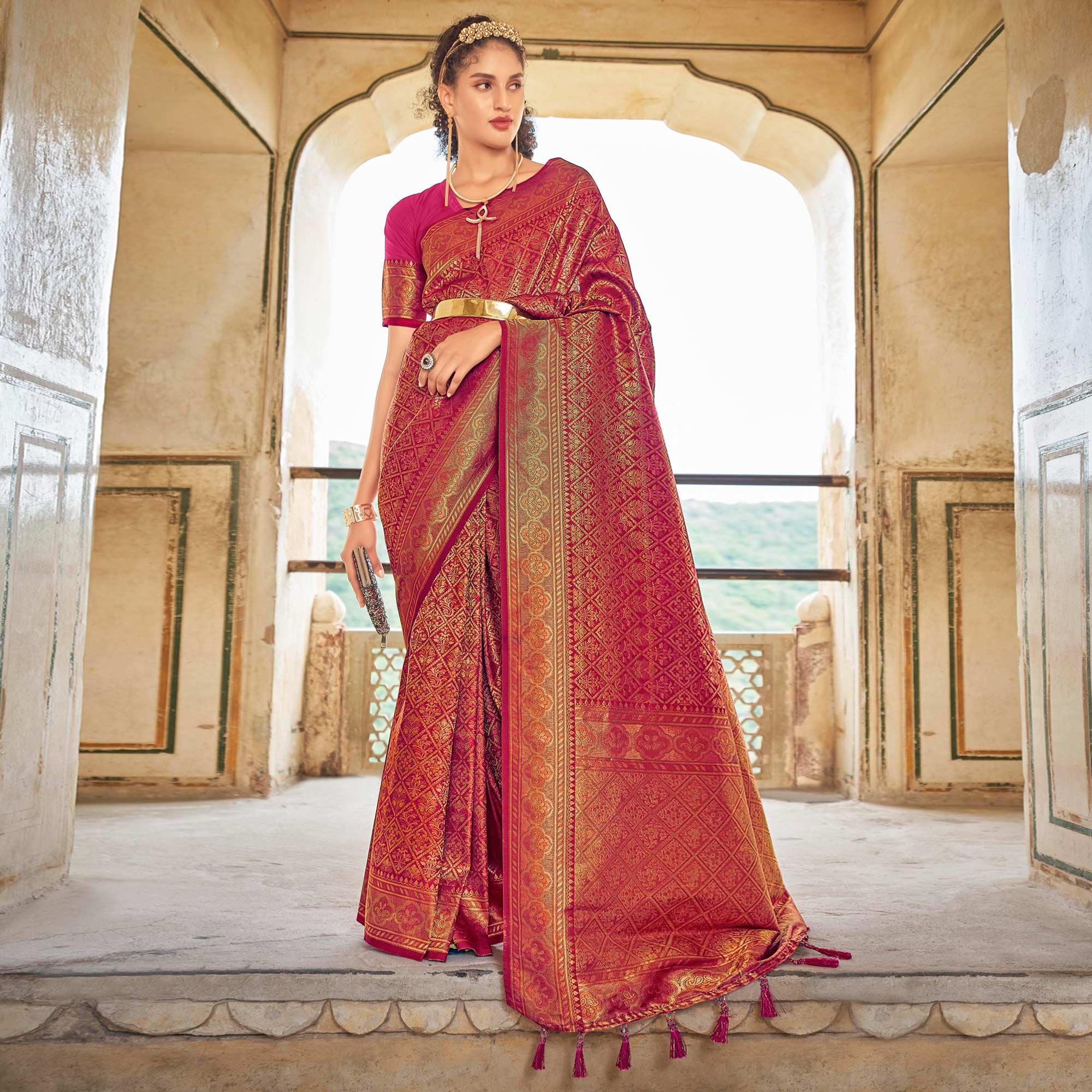 Pink Floral Woven Art Silk Saree - Peachmode