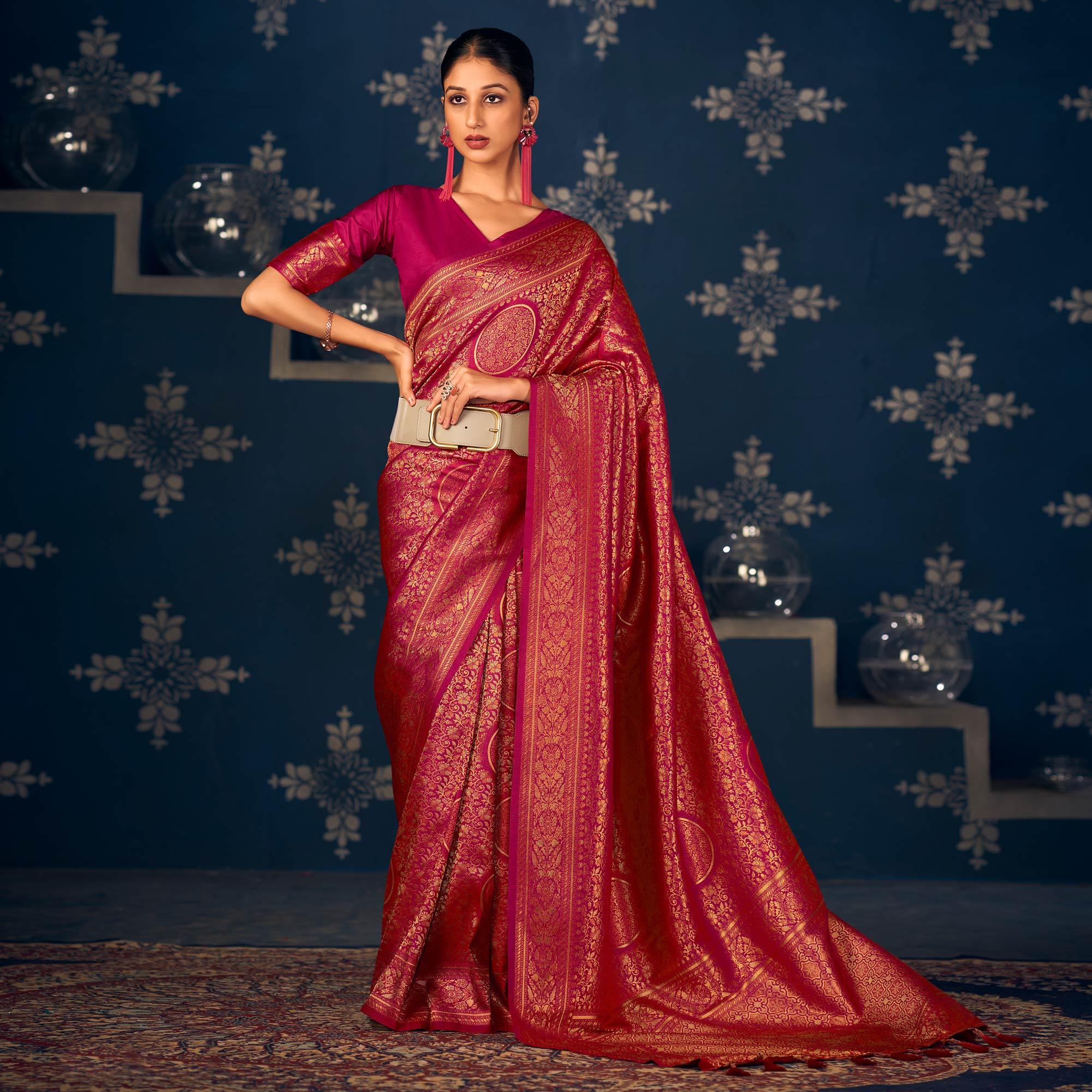 Pink Floral Woven Art Silk Saree - Peachmode